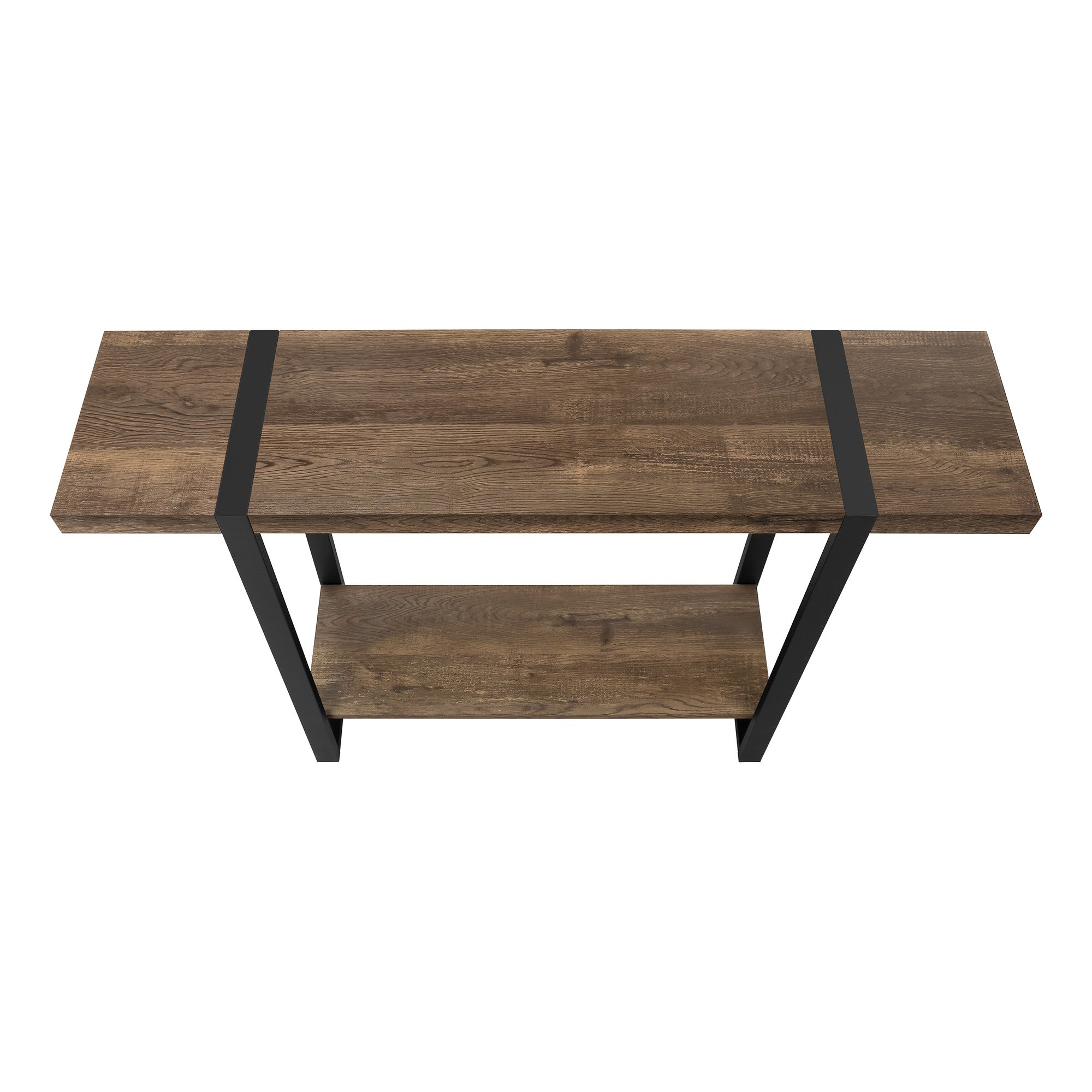 47" Brown and Black Wood and Metal Distressed Sled Console Table With Shelf