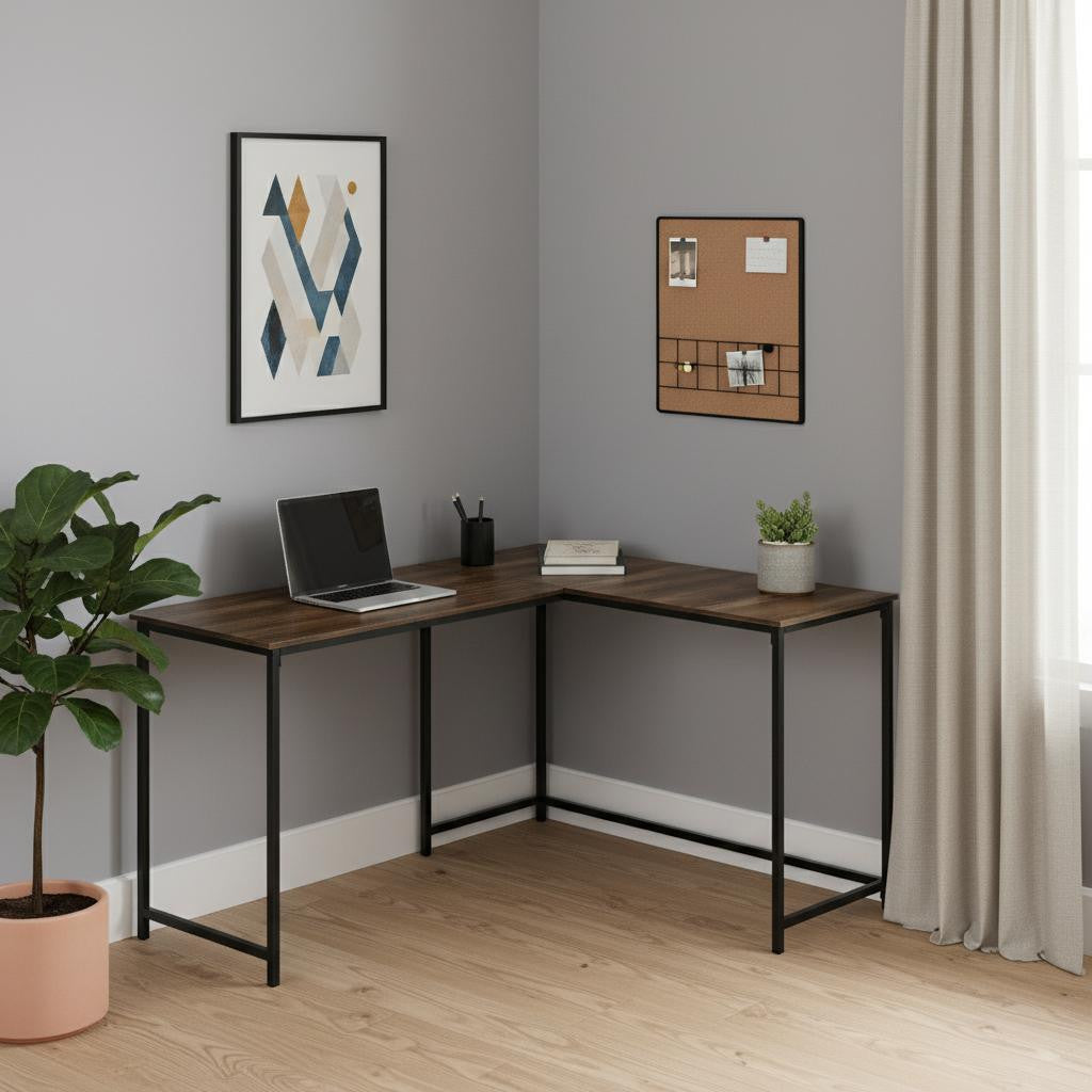 58" Brown and Black Wood and Metal Corner Computer Desk