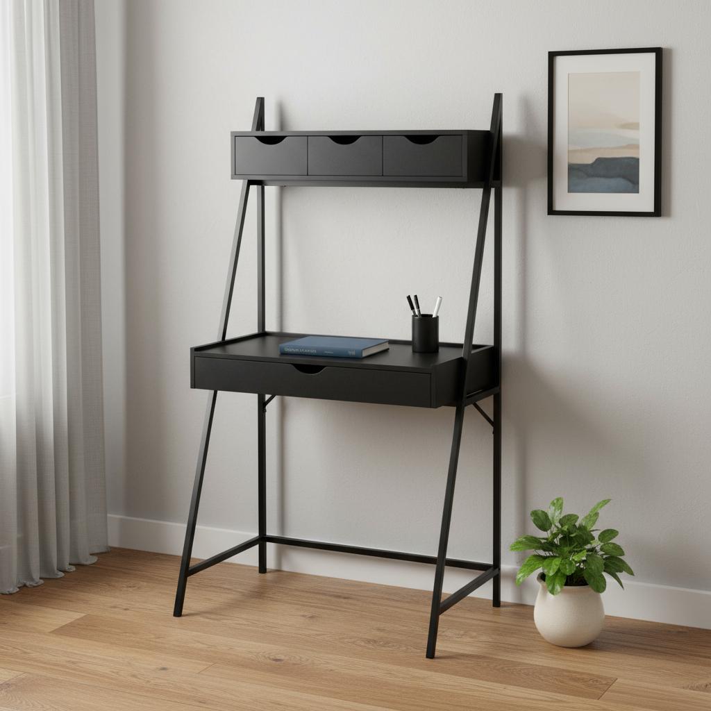32" Black Computer Desk With Four Drawers
