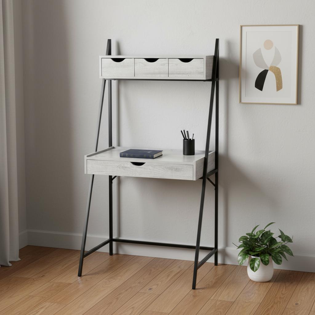 32" Gray and Black Wood and Metal Sled Computer Desk With Four Drawers