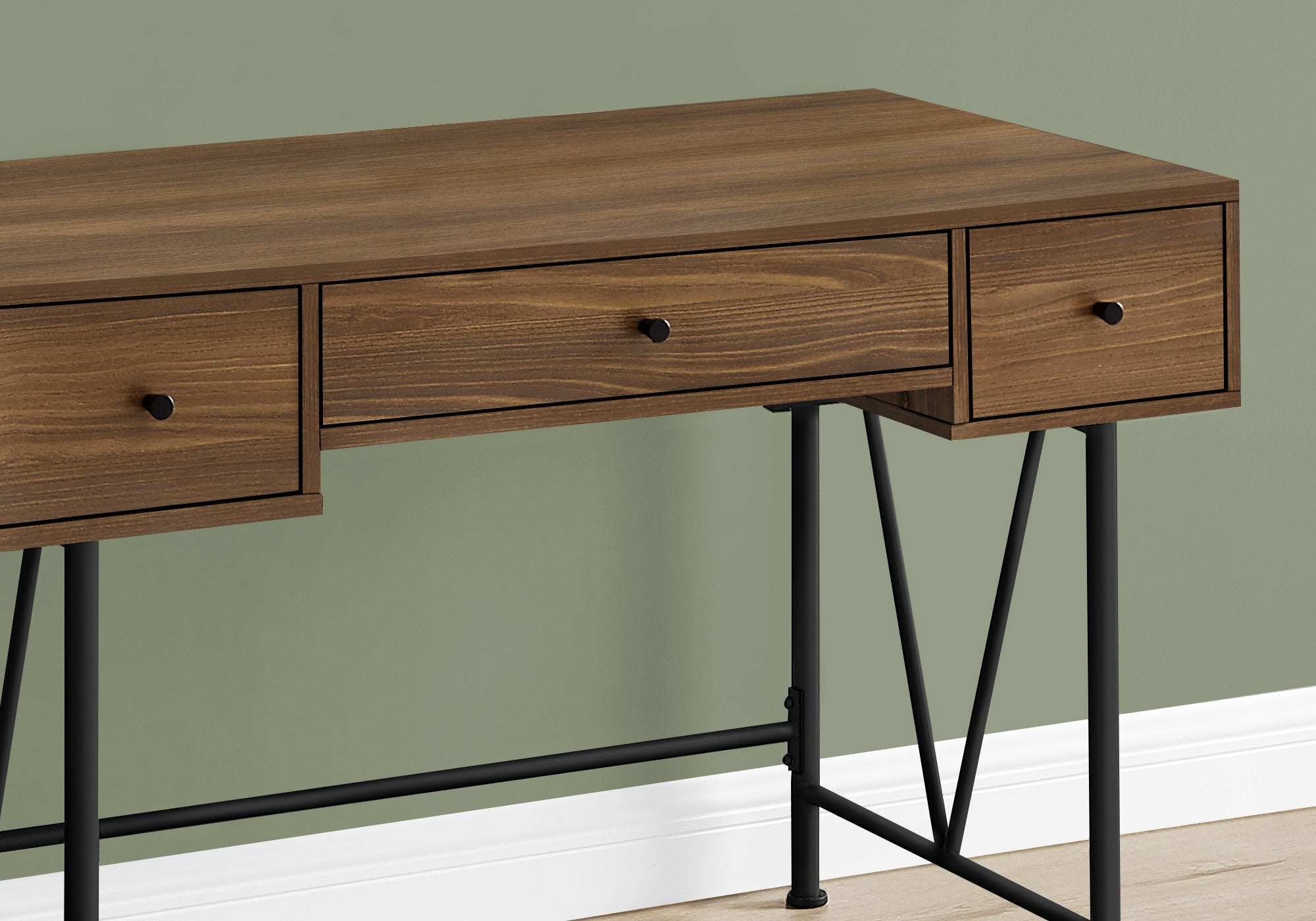 47" Brown and Black Wood and Metal Sled Computer Desk With Three Drawers
