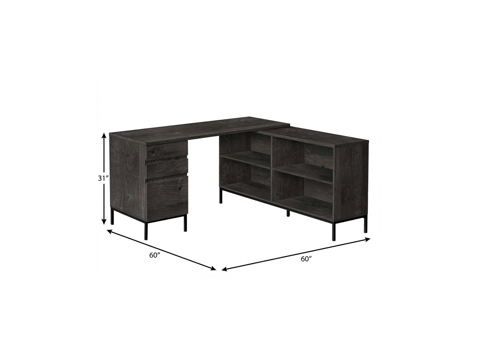 60" Gray and Black L Shape Computer Desk With Three Drawers