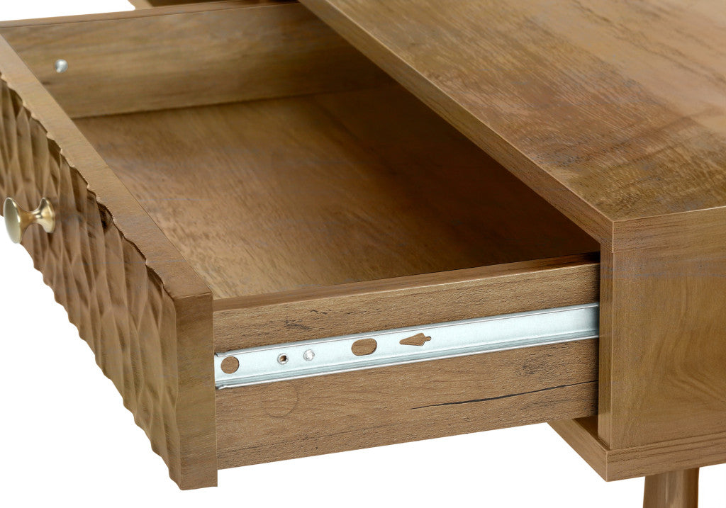 44" Natural And Brown Solid Wood Coffee Table With Drawer And Shelf