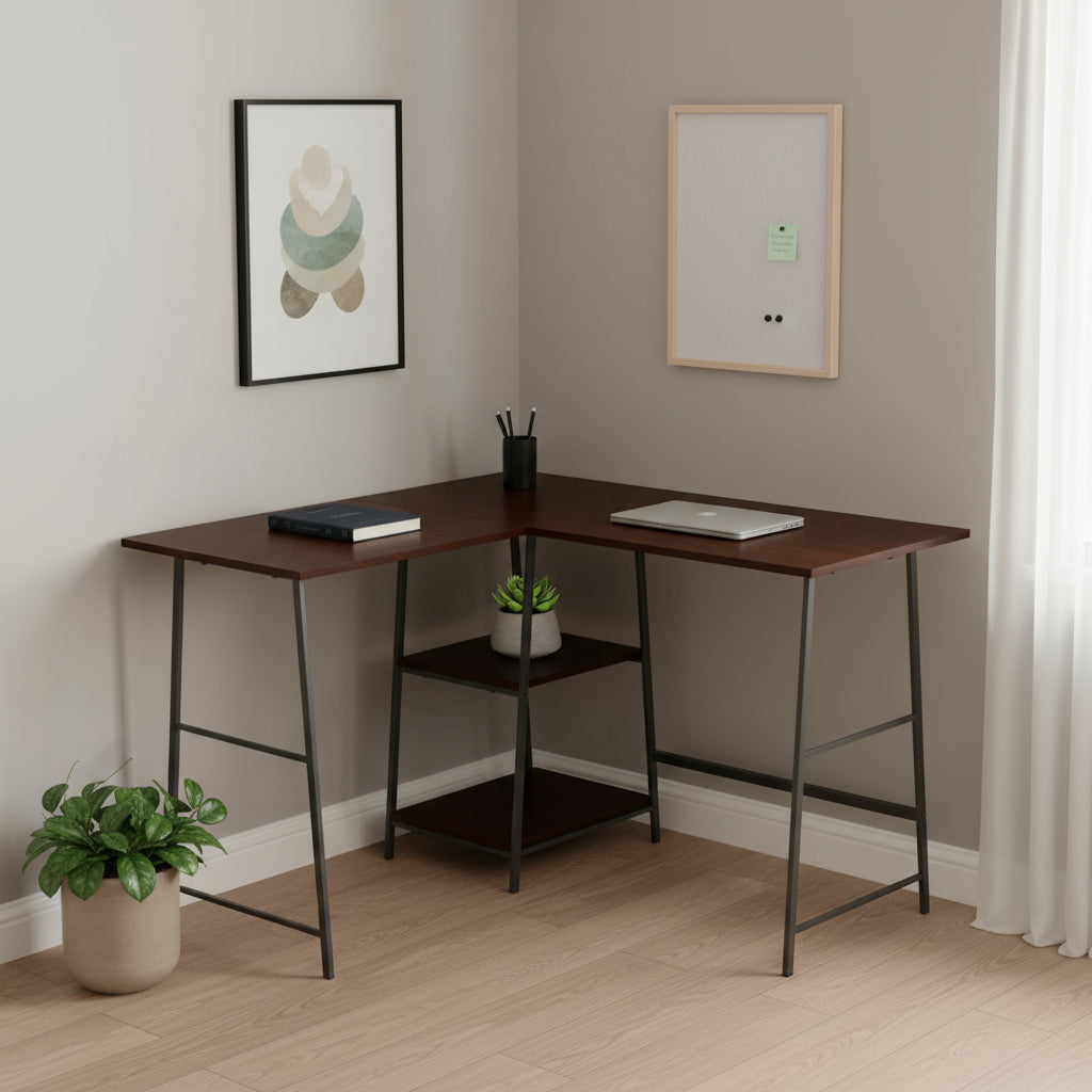 47" Espresso and Black Wood and Metal Corner Trestle Computer Desk