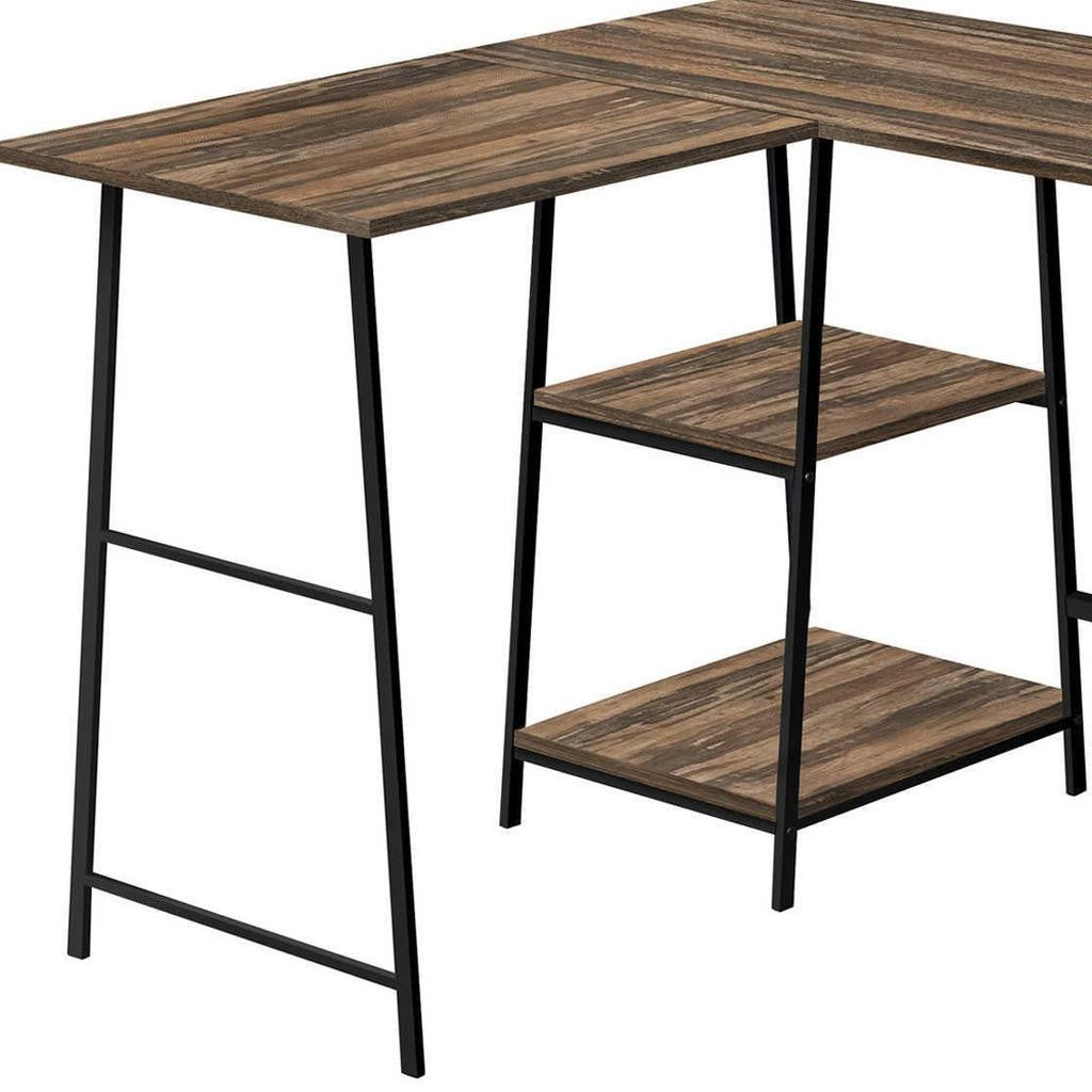 47" Brown and Black Reclaimed Wood and Metal Corner Trestle Computer Desk