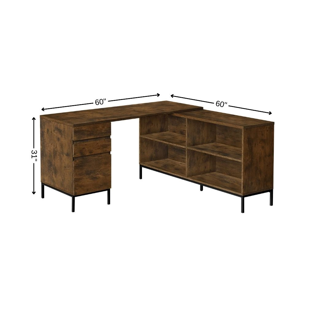 60" Brown and Black L Shape Computer Desk With Three Drawers