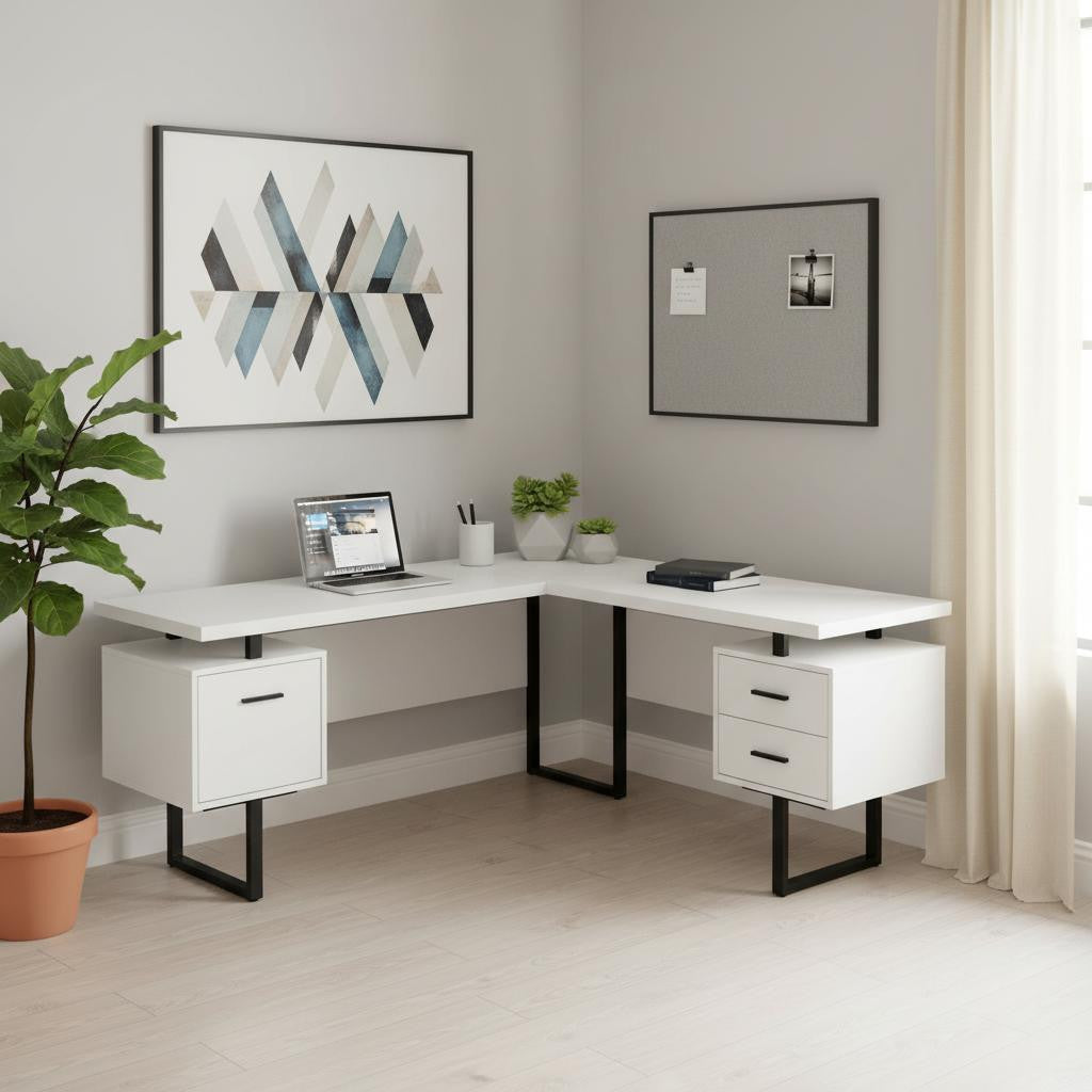 71" White and Black L Shape Computer Desk With Three Drawers