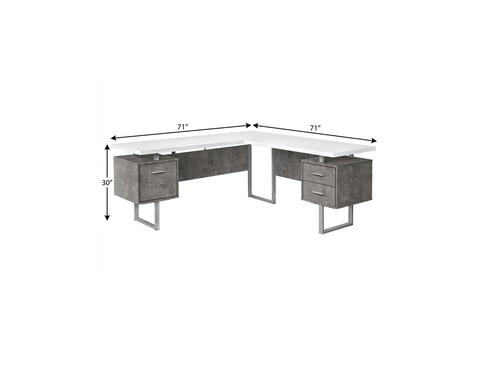 71" White and Gray L Shape Computer Desk With Three Drawers