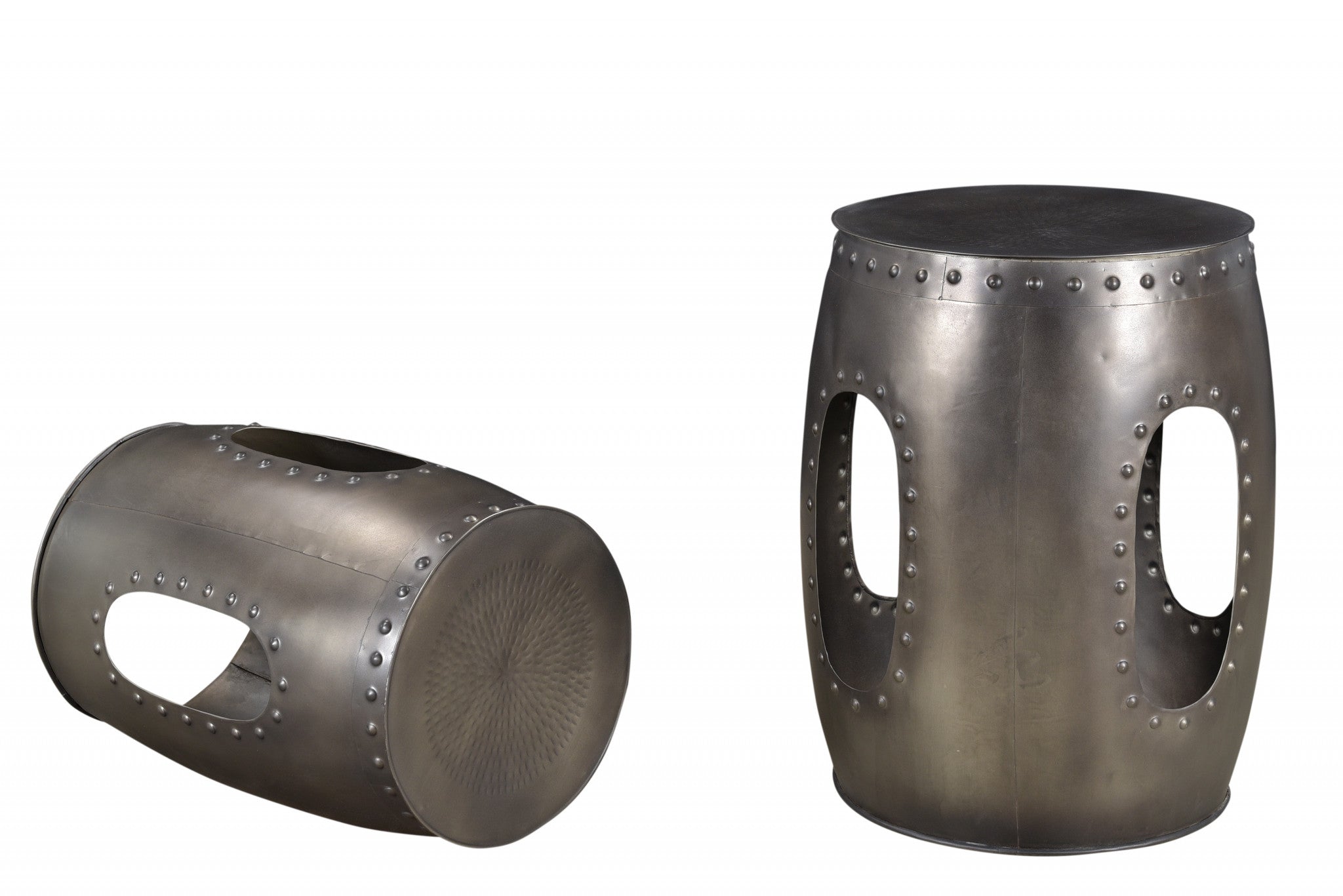 Set of Two Nickel Iron Round Drum End Tables