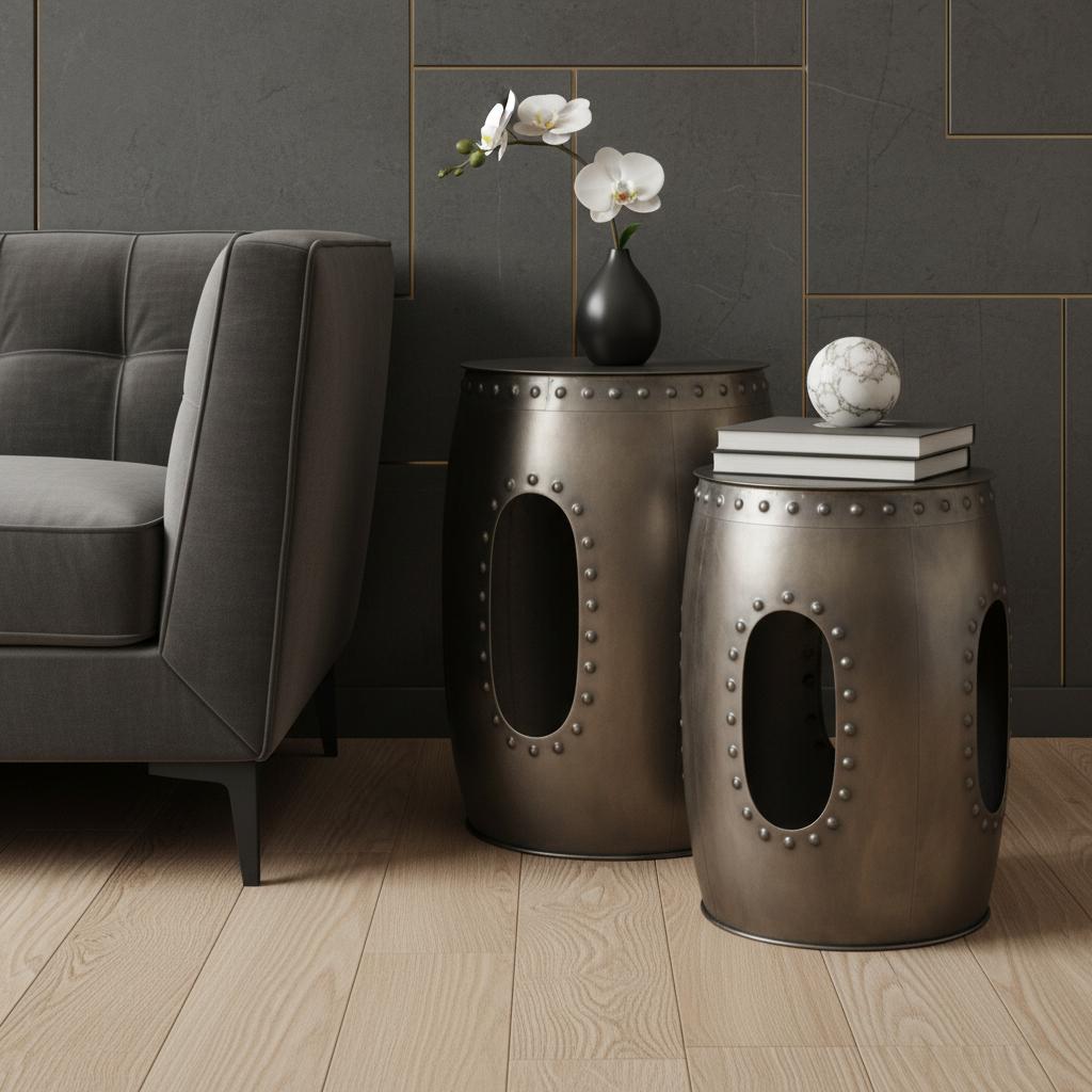 Set of Two Nickel Iron Round Drum End Tables