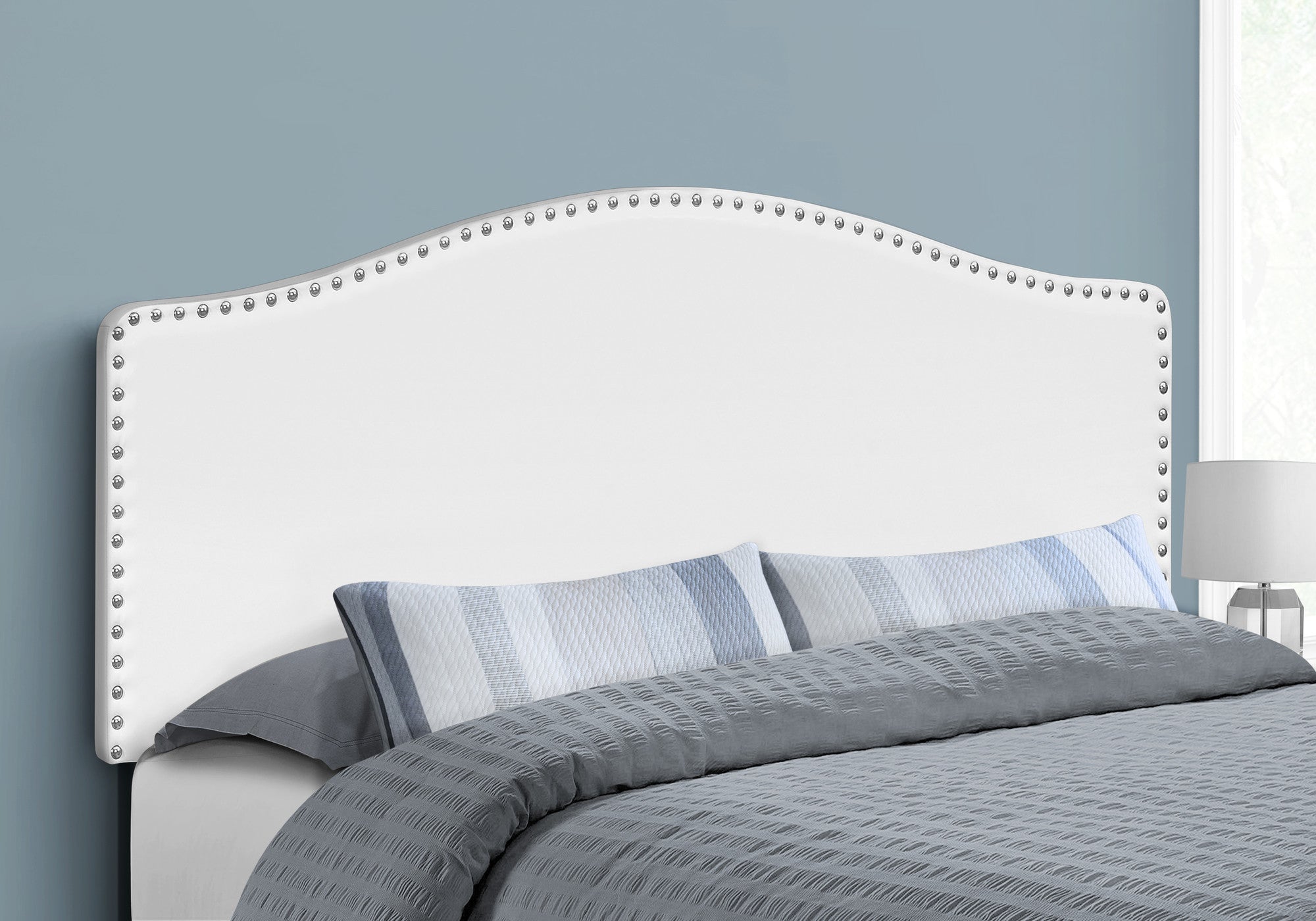 White Faux Leather Upholstered Arched Queen Headboard With Nail Head Trim