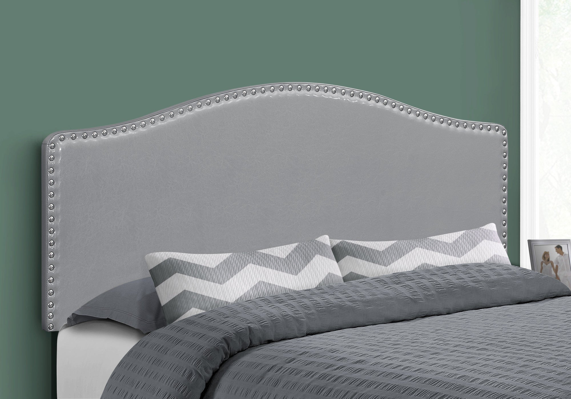 Gray Faux Leather Upholstered Arched Queen Headboard With Nail Head Trim