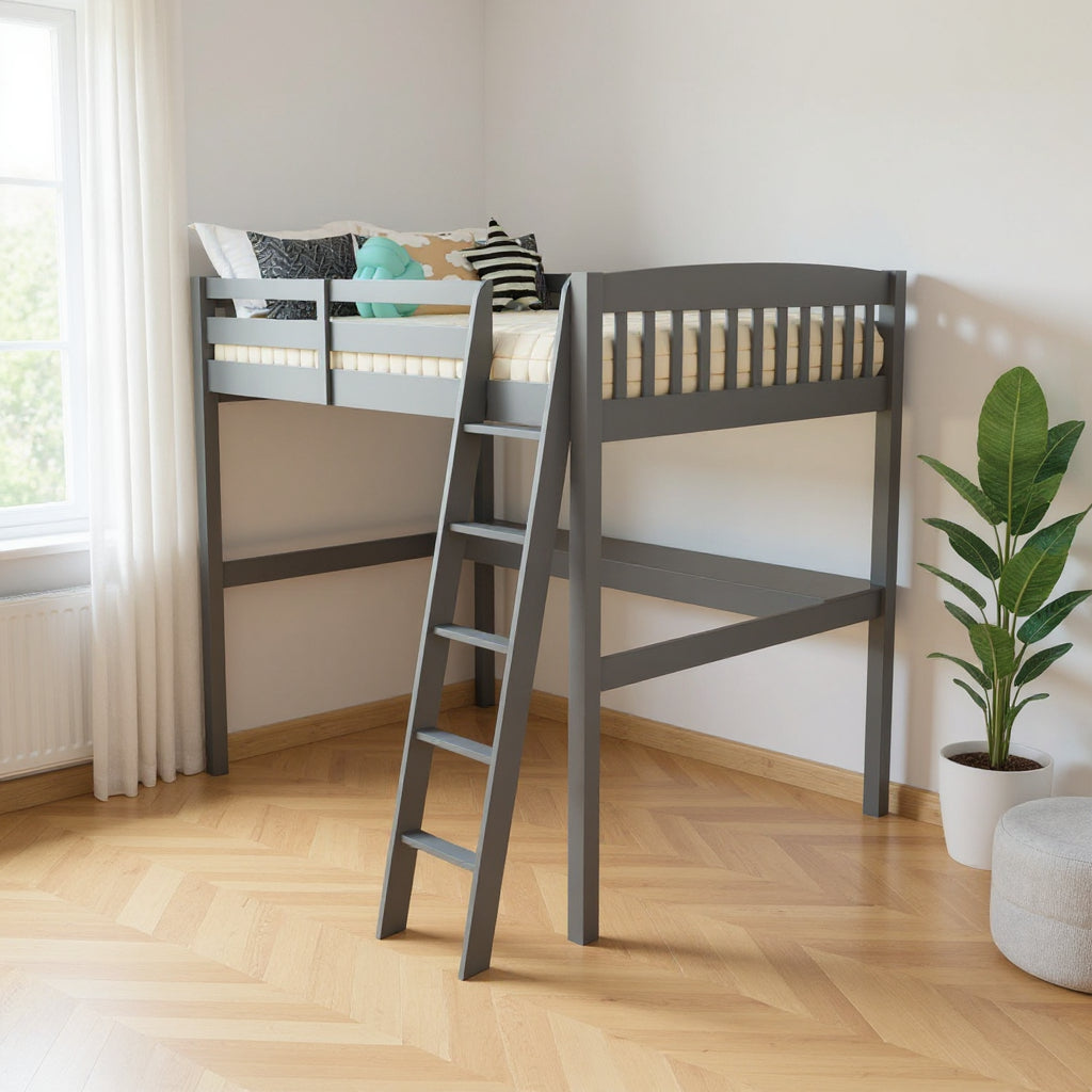 Gray Solid Wood Full Double Size Loft Bed with Desk and Storage
