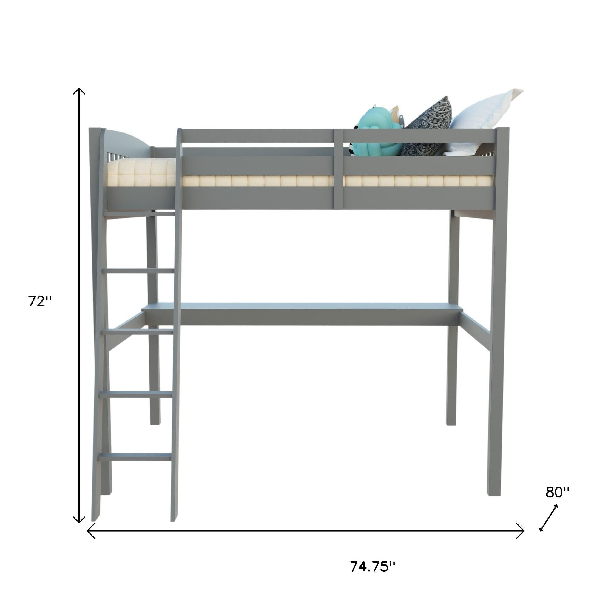 Gray Solid Wood Full Double Size Loft Bed with Desk and Storage