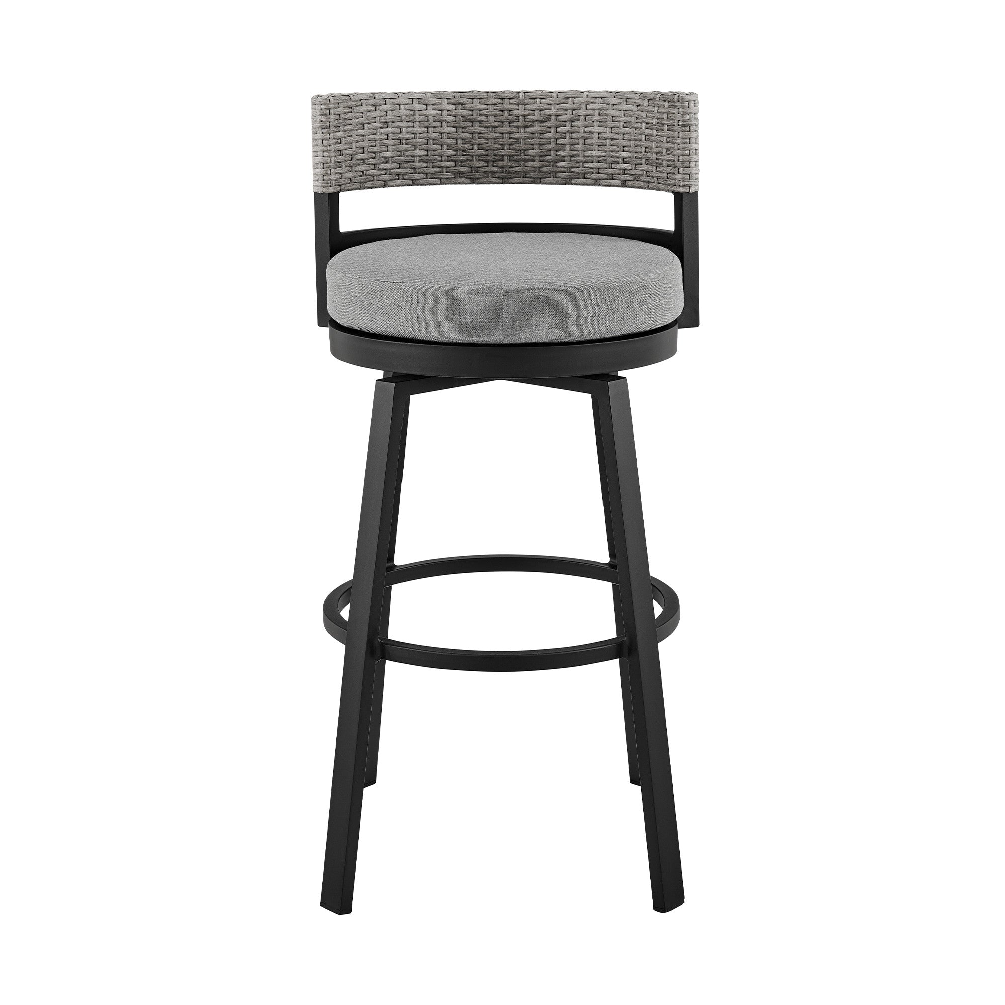 38" Light Gray Metal Swivel Low back Outdoor Bar Height chair with Footrest