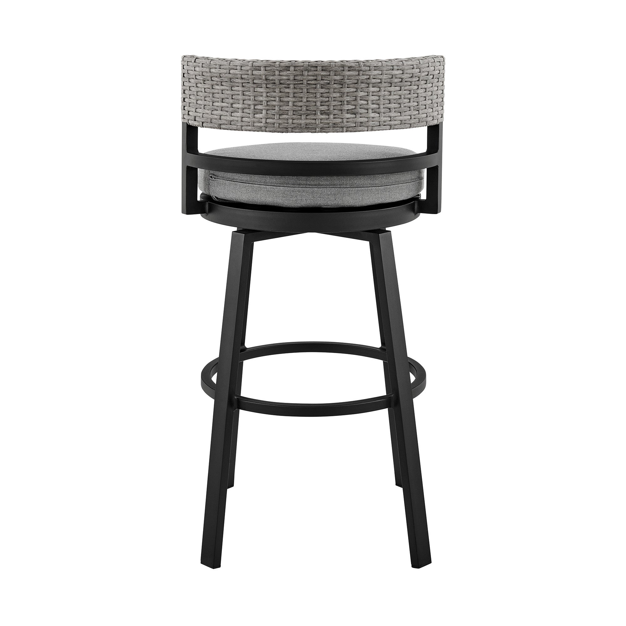 38" Light Gray Metal Swivel Low back Outdoor Bar Height chair with Footrest