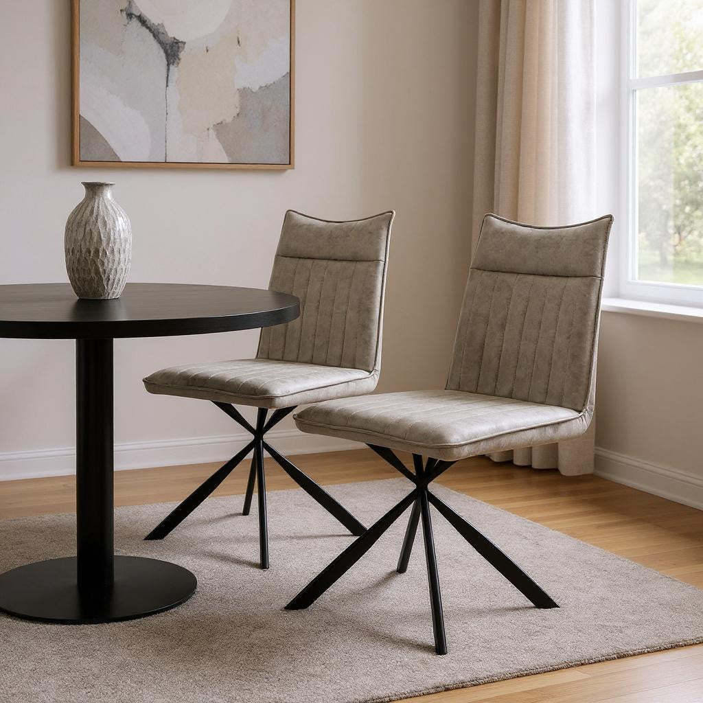Set of Two Tufted Taupe And Black Upholstered Faux Leather Dining Parsons Chairs