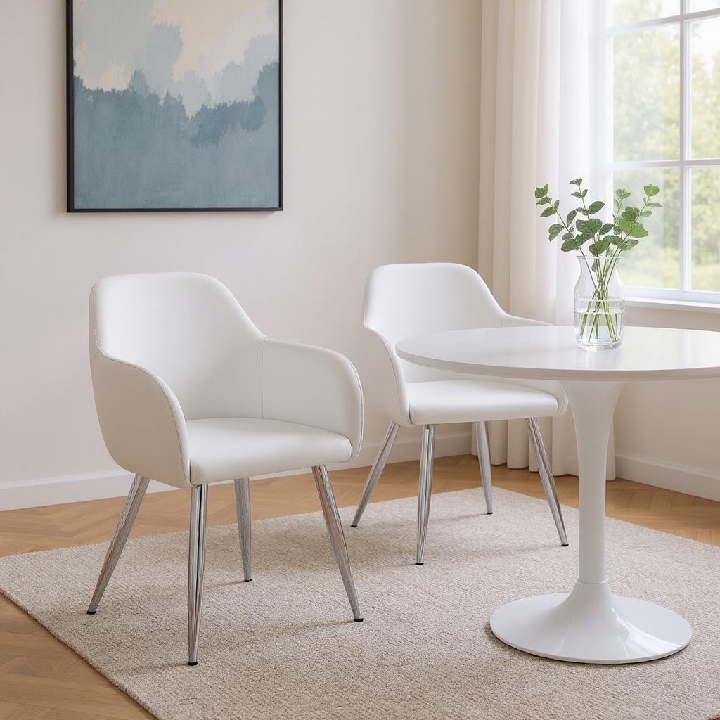 Set of Two White And Silver Upholstered Faux Leather Dining Arm Chairs