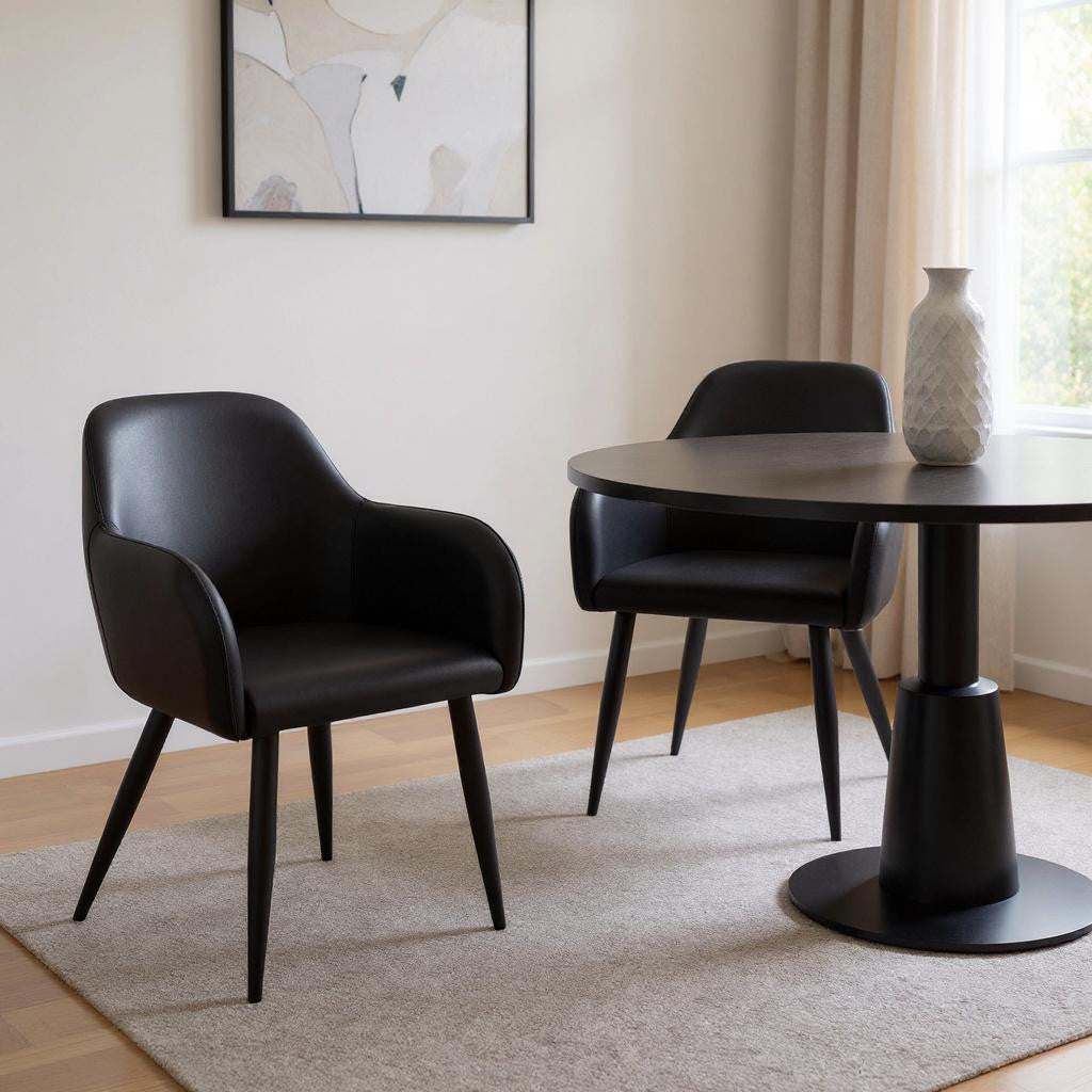Set of Two Black Upholstered Faux Leather Dining Arm Chairs