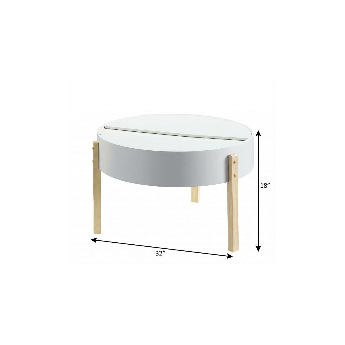 32" White and Natural Wood And Solid Wood Round Coffee Table
