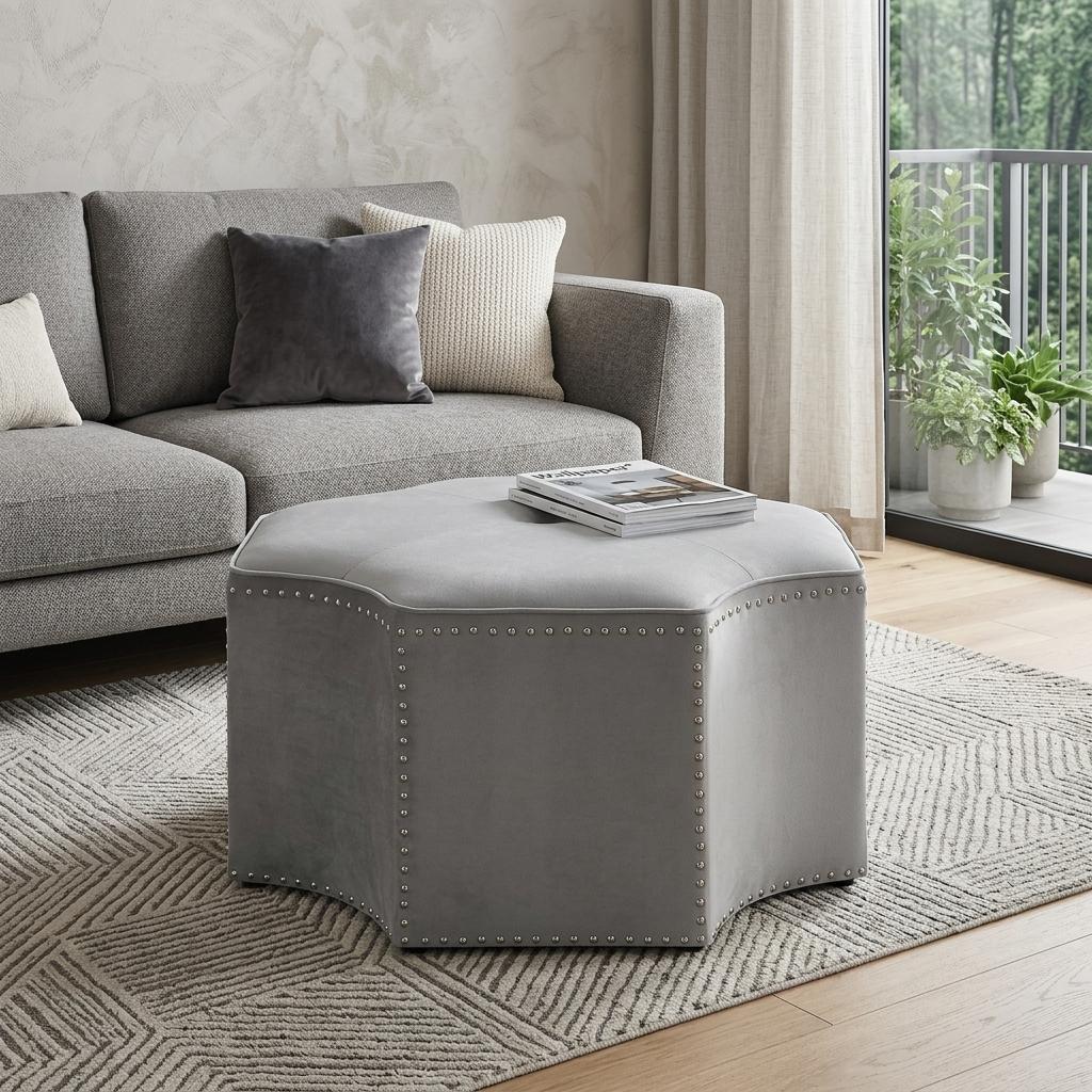 33" Gray Velvet Tufted Octagonal Cocktail Ottoman