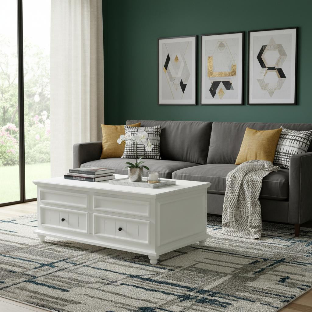 48" White Wood Lift Top Solid Coffee Table With Two Drawers