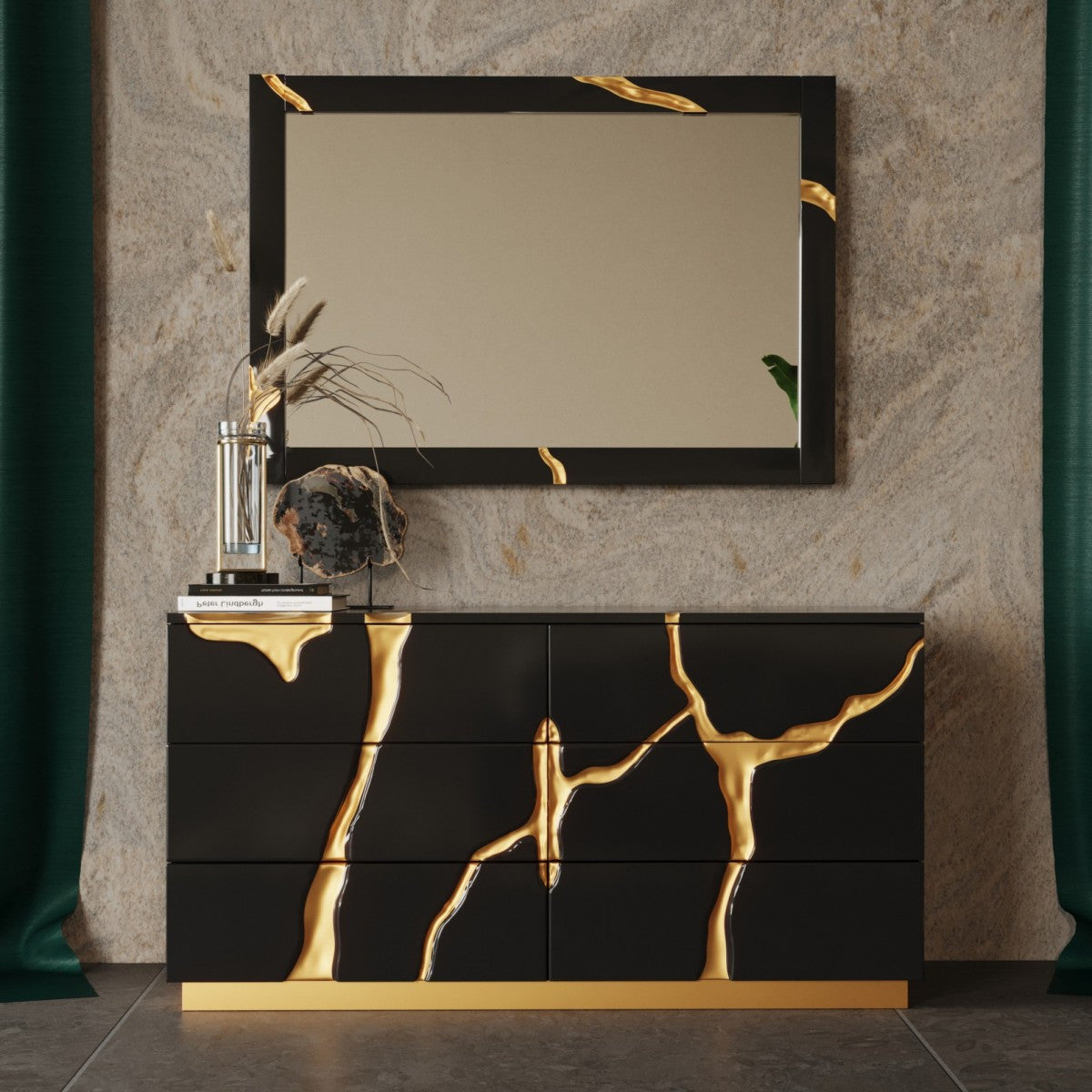 59" Black And Gold Wood Six Drawer Double Dresser