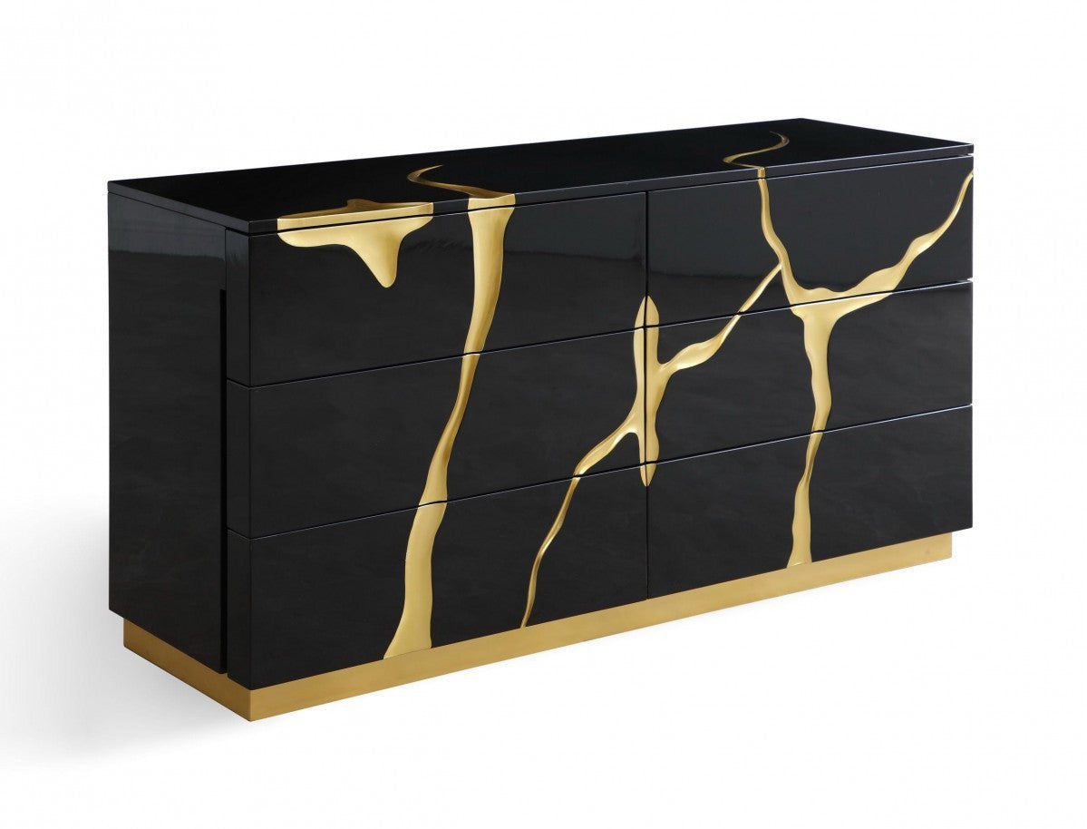 59" Black And Gold Wood Six Drawer Double Dresser