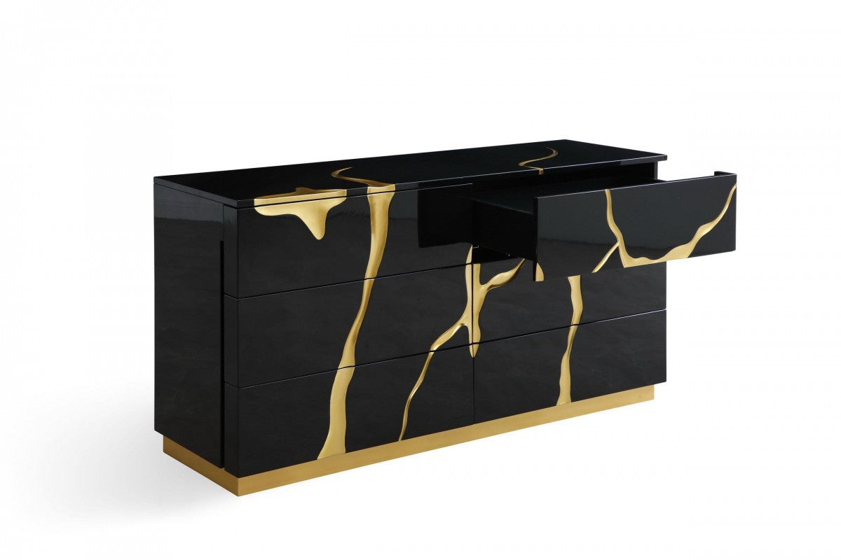 59" Black And Gold Wood Six Drawer Double Dresser