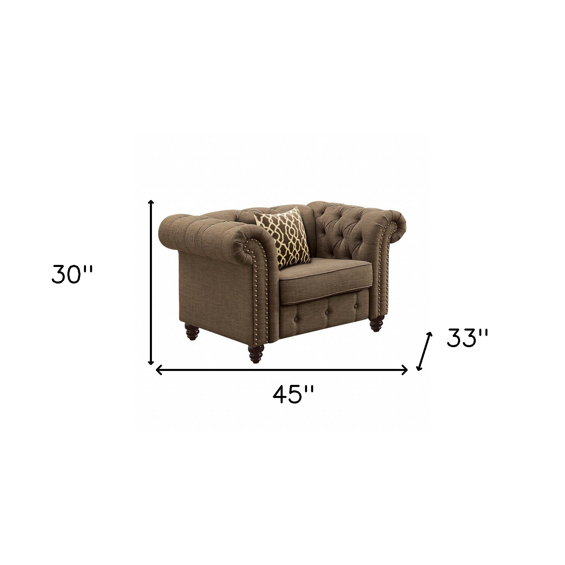 45" Brown and Black Linen Tufted Chesterfield Chair And Toss Pillow