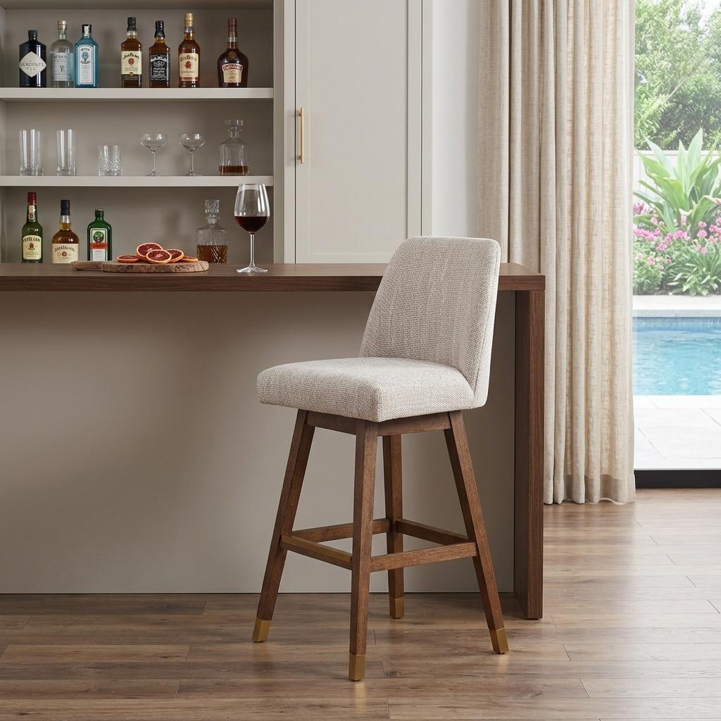 Beige and Brown Solid Wood Bar Height Swivel Bar Chair