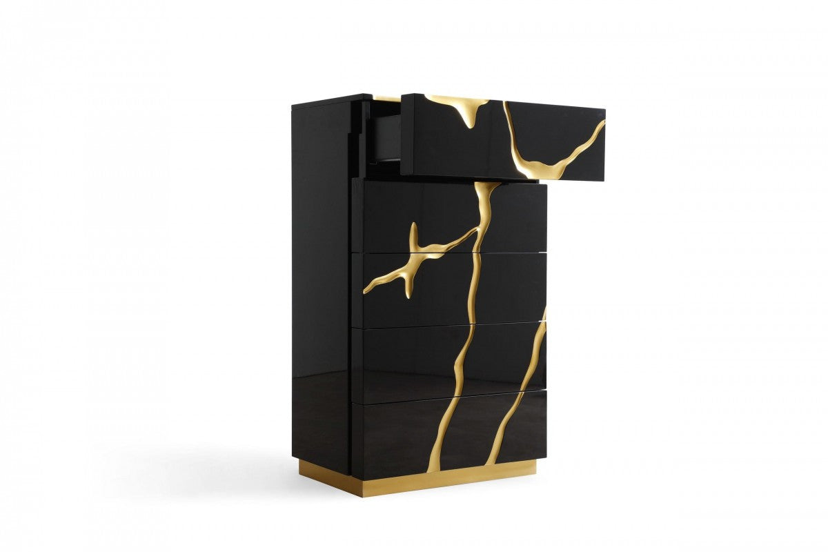 30" Black And Gold Carved Abstract Wood Five Drawer Dresser