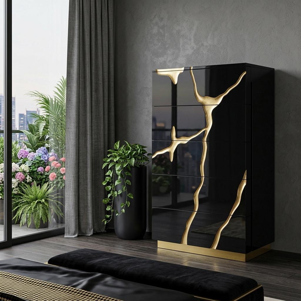30" Black And Gold Carved Abstract Wood Five Drawer Dresser