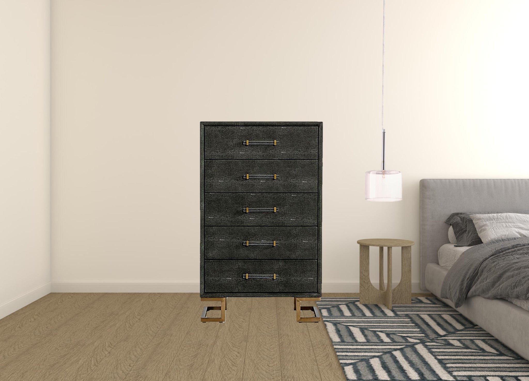 28" Grey Manufactured Wood + Solid Wood Stainless Steel Five Drawer Chest