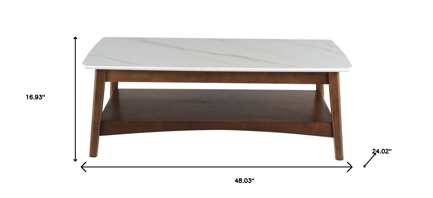 48" White and Brown Sintered Stone and Wood Coffee Table With Shelf