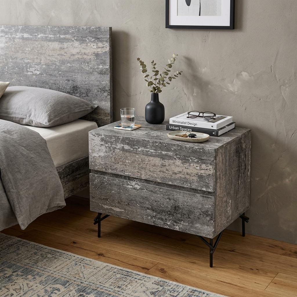 21" Gray Iron and Wood Two Drawer Nightstand