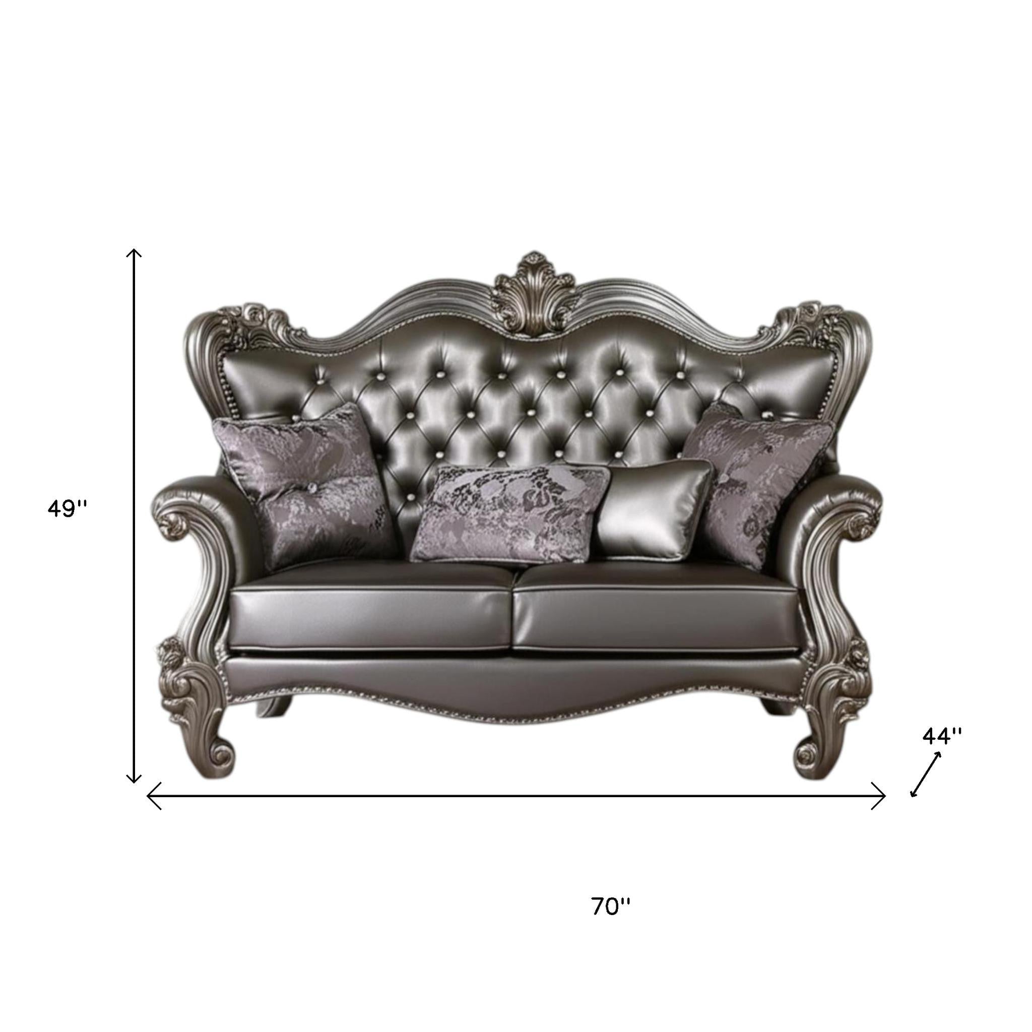 70" Silver And Platinum Faux Leather Loveseat and Toss Pillows