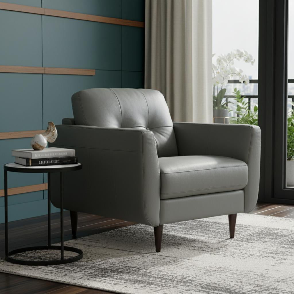 35" Gray and Black Genuine Leather Tufted Arm Chair