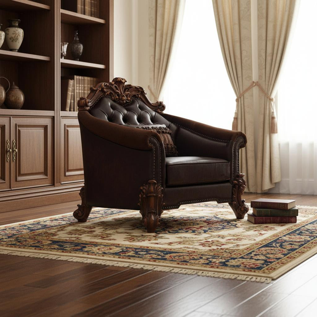 43" Dark Brown Faux Leather Tufted Chesterfield Chair And Toss Pillow