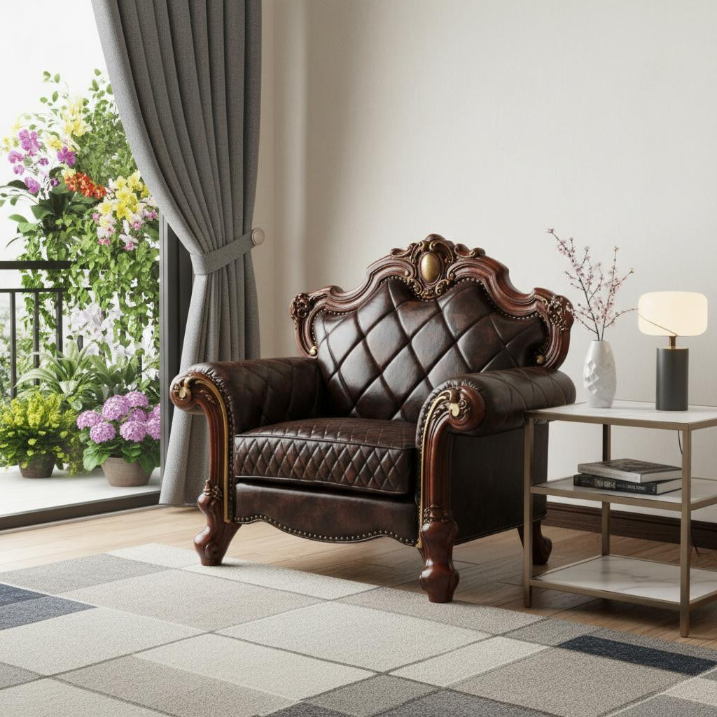 50" Chocolate Faux Leather Tufted Chesterfield Chair And Toss Pillow