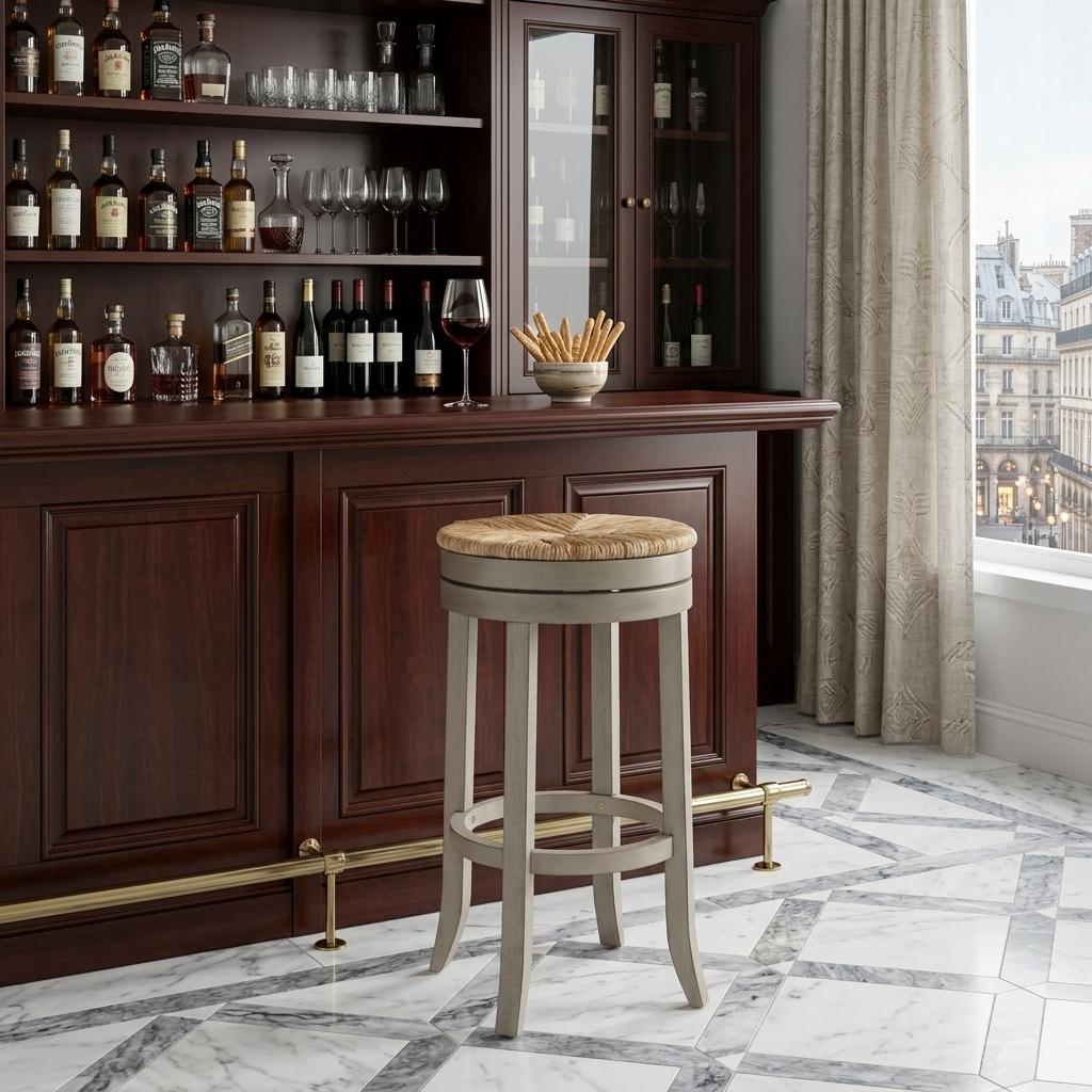 30" Natural And Gray Solid Wood Swivel Backless Bar Height Bar Chair