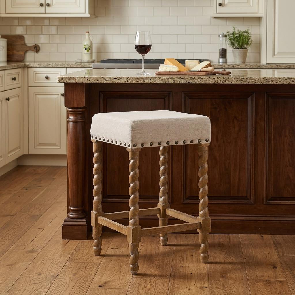 24" Cream And Natural Faux Leather And Solid Wood Backless Counter Height Bar Chair