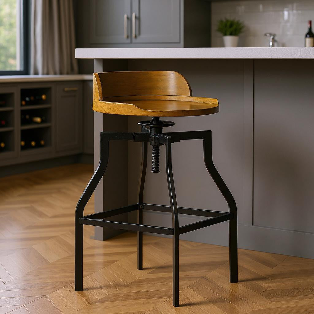 26" Chestnut And Black Steel Swivel Backless Adjustable Height Bar Chair