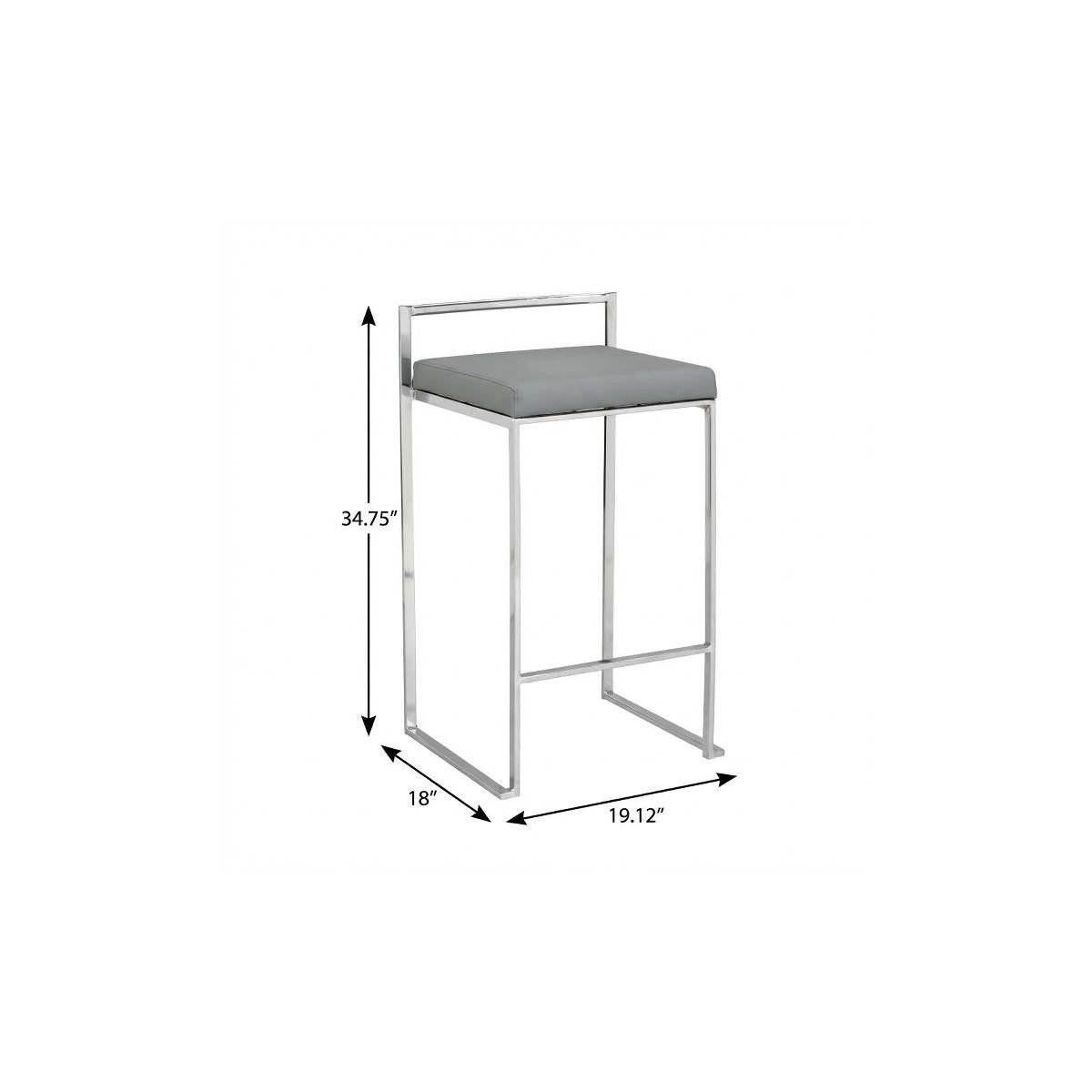 35" Gray And Silver Faux Leather And Steel Low Back Bar Height Bar Chair