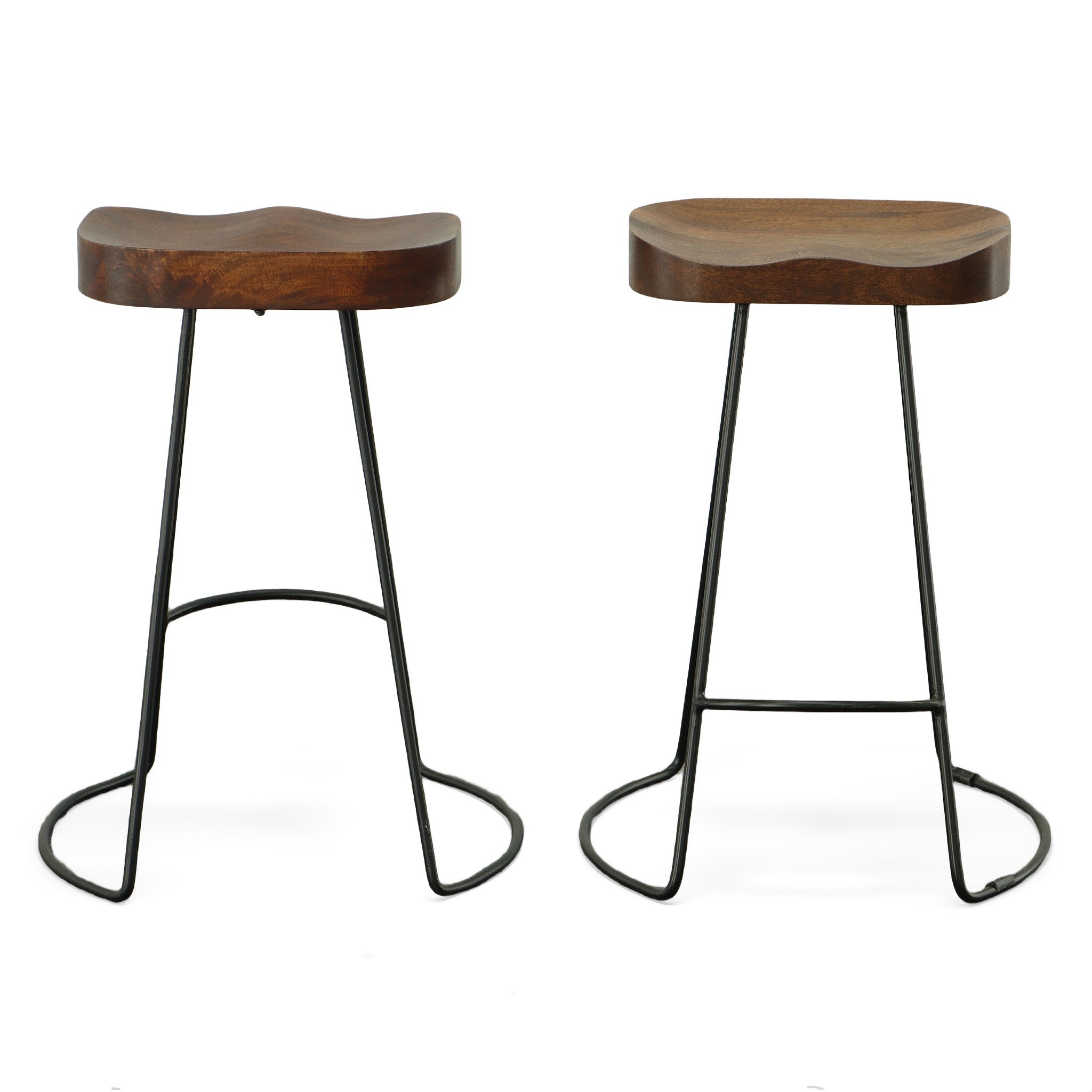 Set of Two 25" Chestnut and Black Solid Wood and Steel Backless Counter Height Bar Chairs