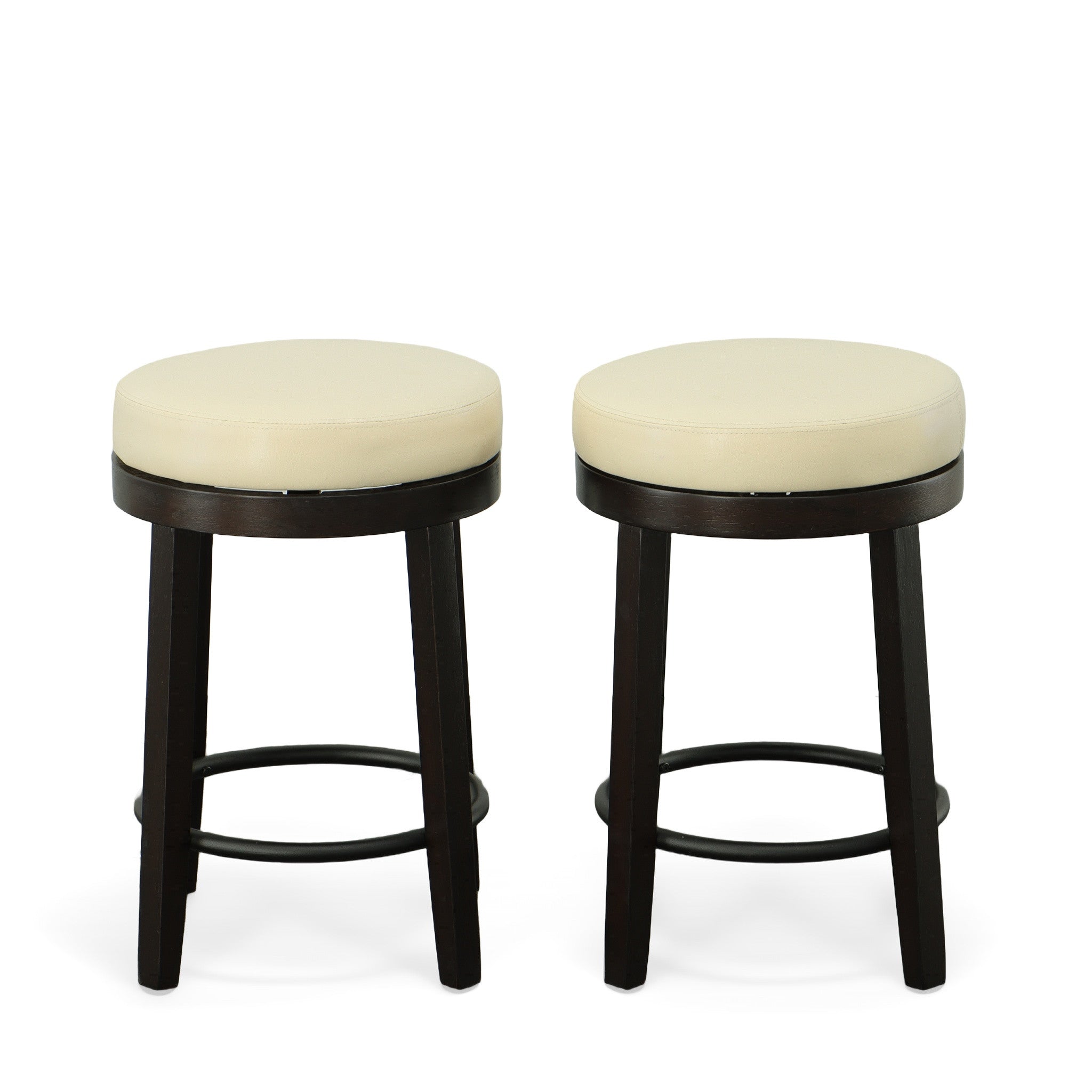 Set of Two 24" Cream and Espresso Faux Leather and Solid Wood Backless Counter Height Swivel Bar Chairs
