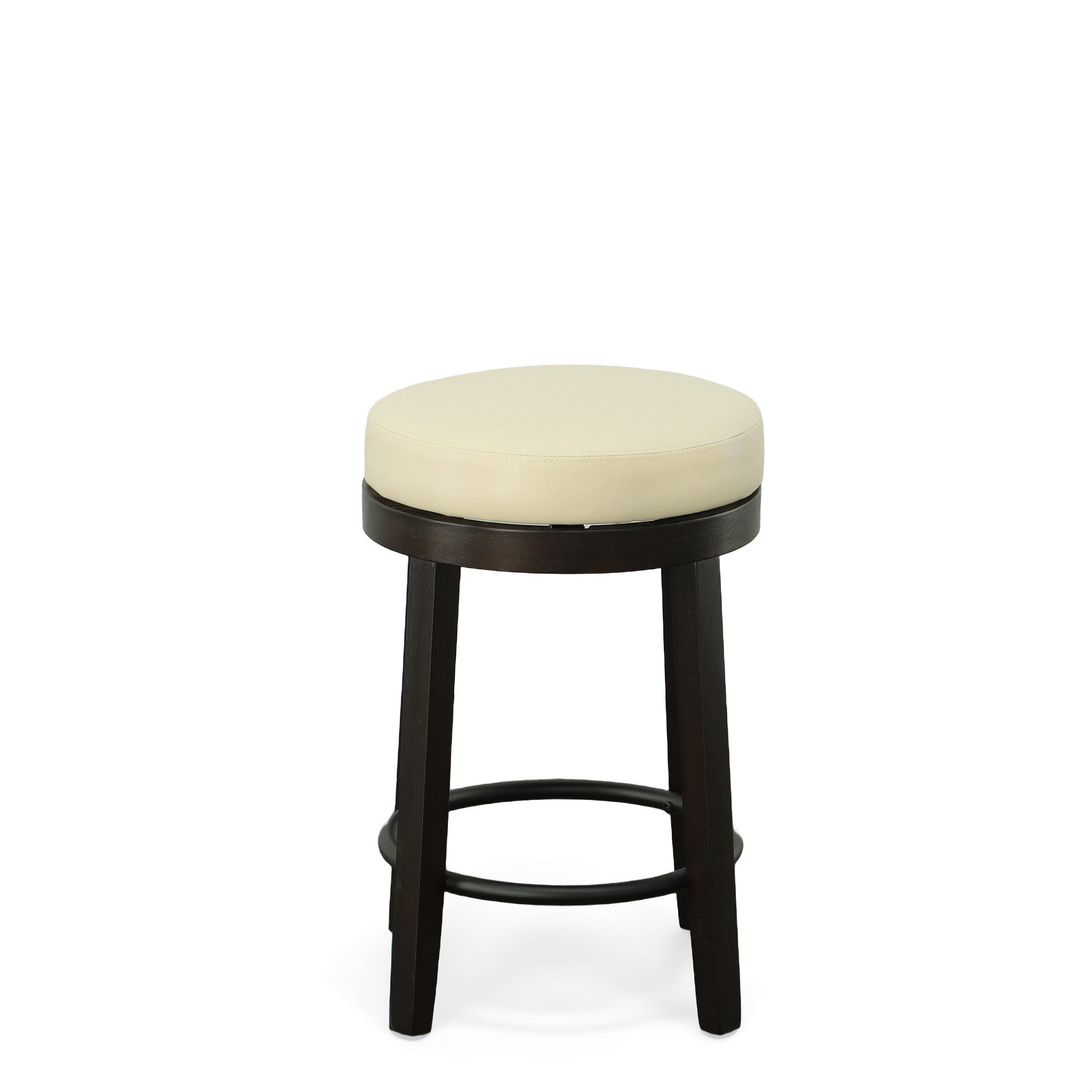 Set of Two 24" Cream and Espresso Faux Leather and Solid Wood Backless Counter Height Swivel Bar Chairs