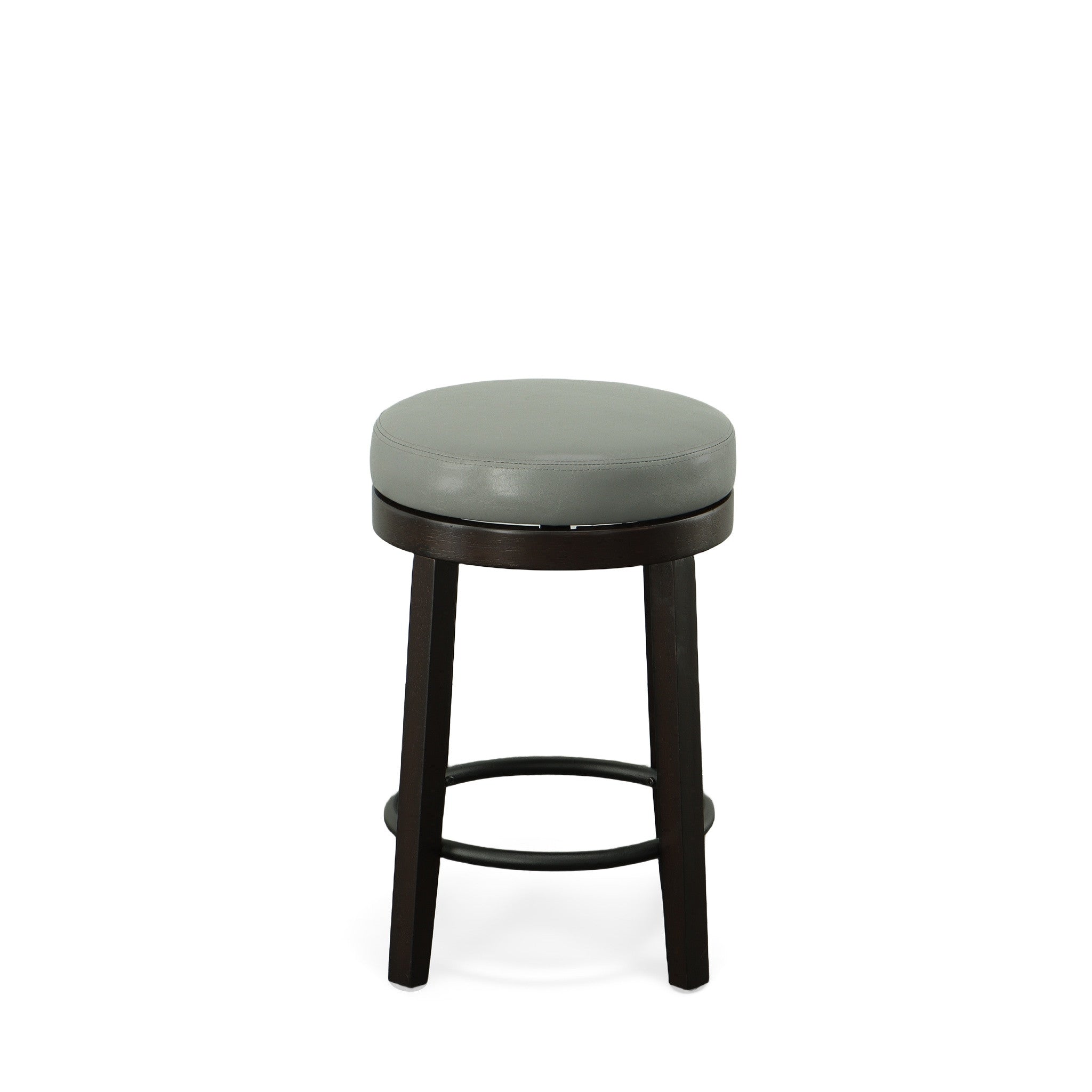 Set of Two 24" Gray and Espresso Faux Leather and Solid Wood Backless Counter Height Swivel Bar Chairs