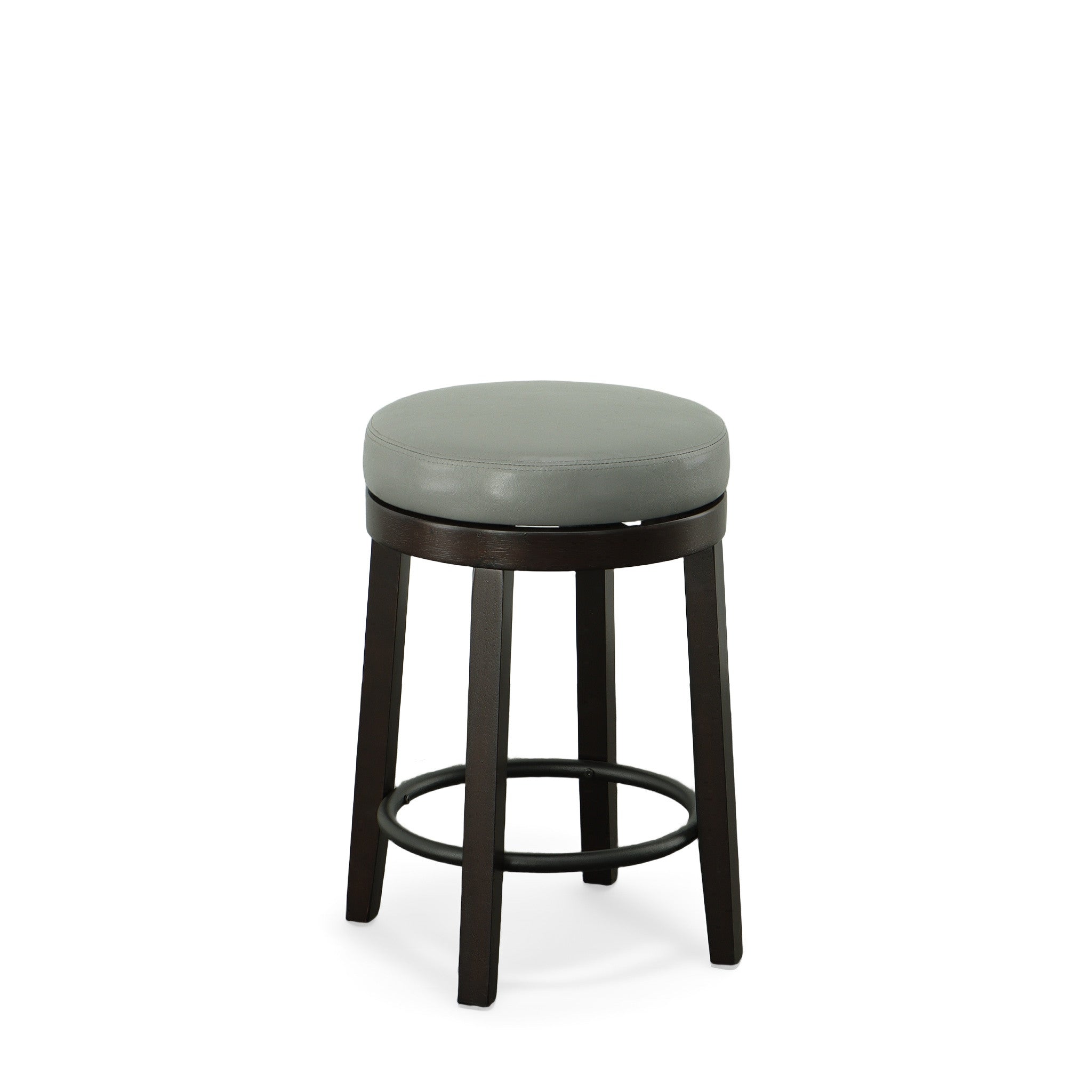Set of Two 24" Gray and Espresso Faux Leather and Solid Wood Backless Counter Height Swivel Bar Chairs