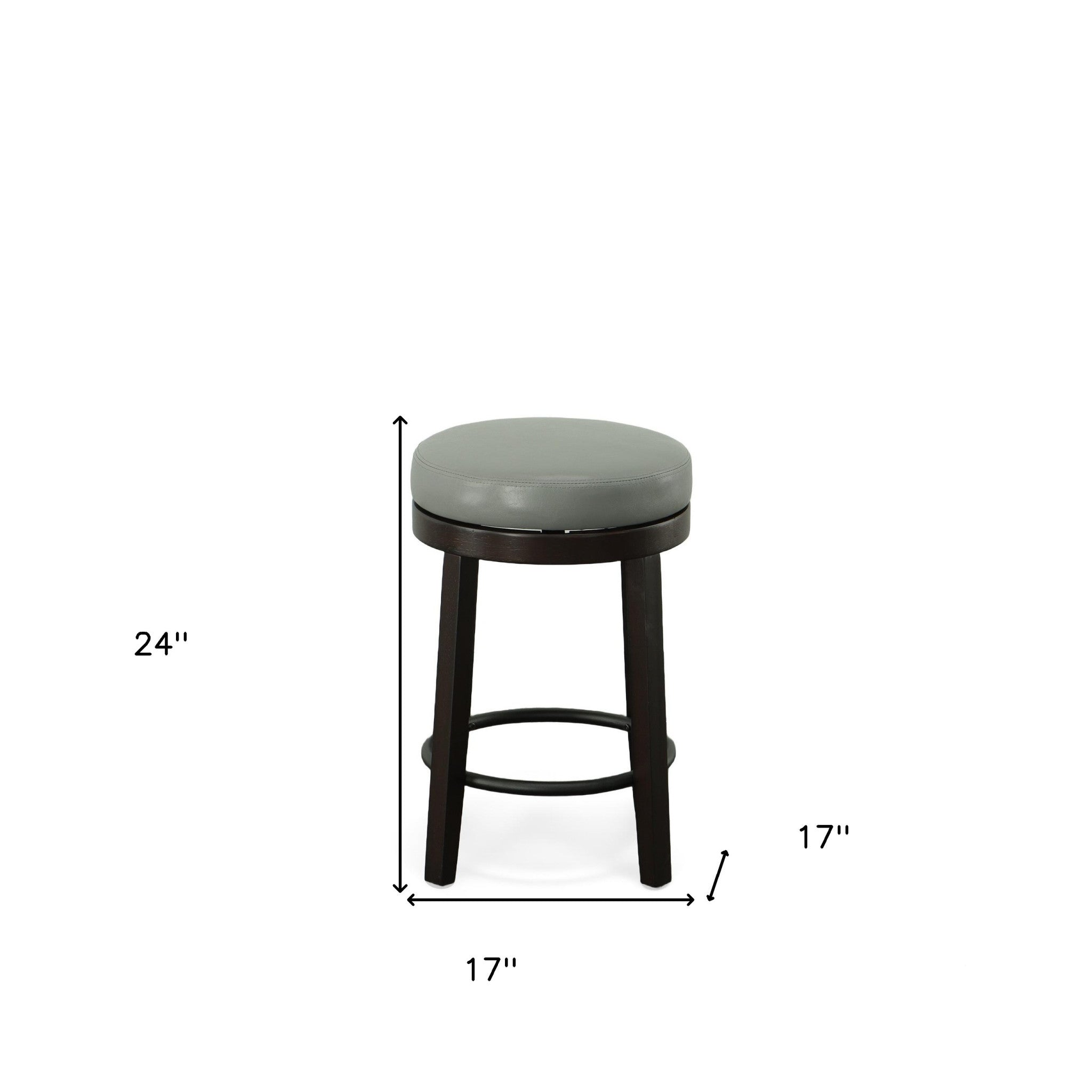 Set of Two 24" Gray and Espresso Faux Leather and Solid Wood Backless Counter Height Swivel Bar Chairs